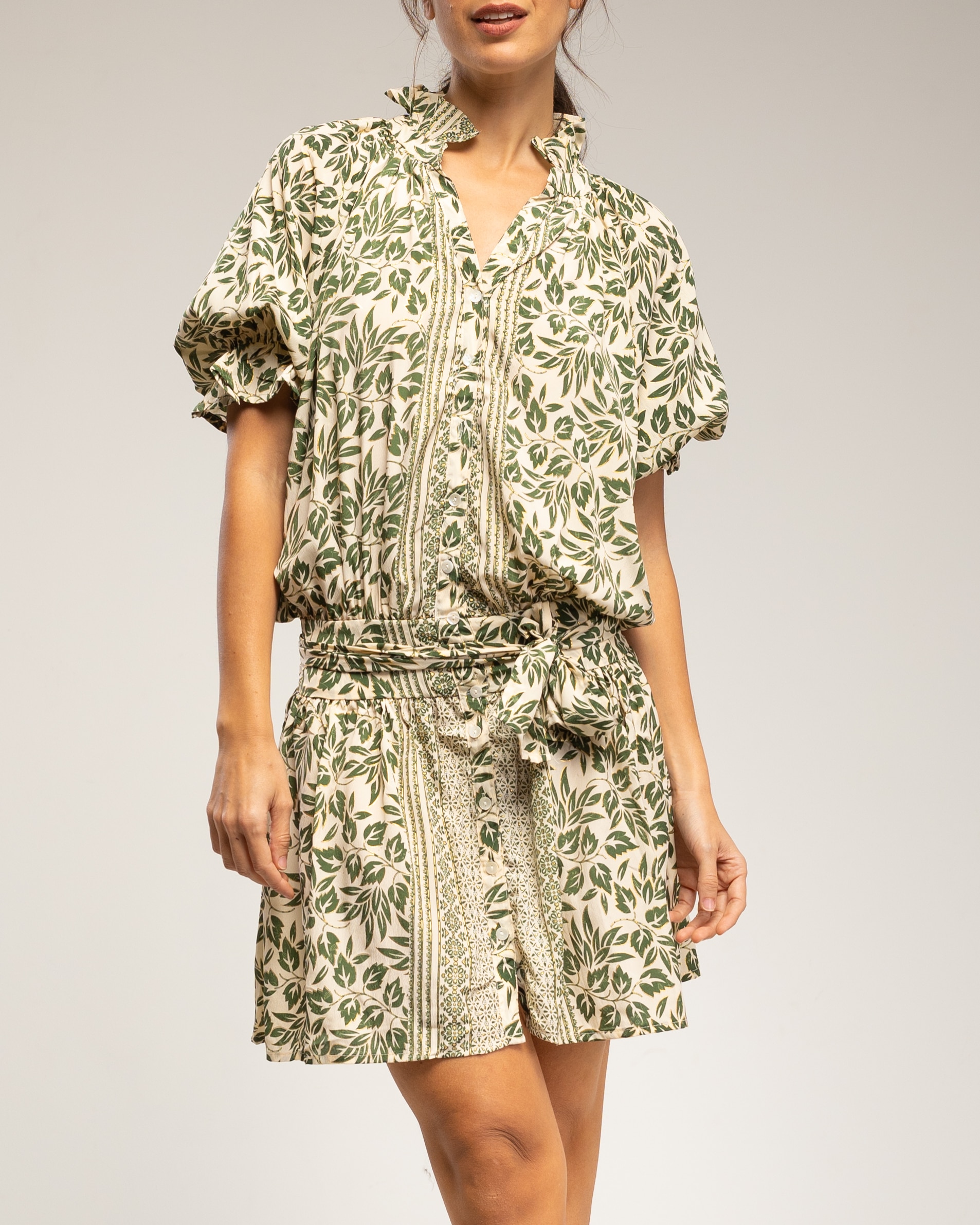 Vestido corto estampado con botones - Tantra - Verde oscuro Verde oscuro-4