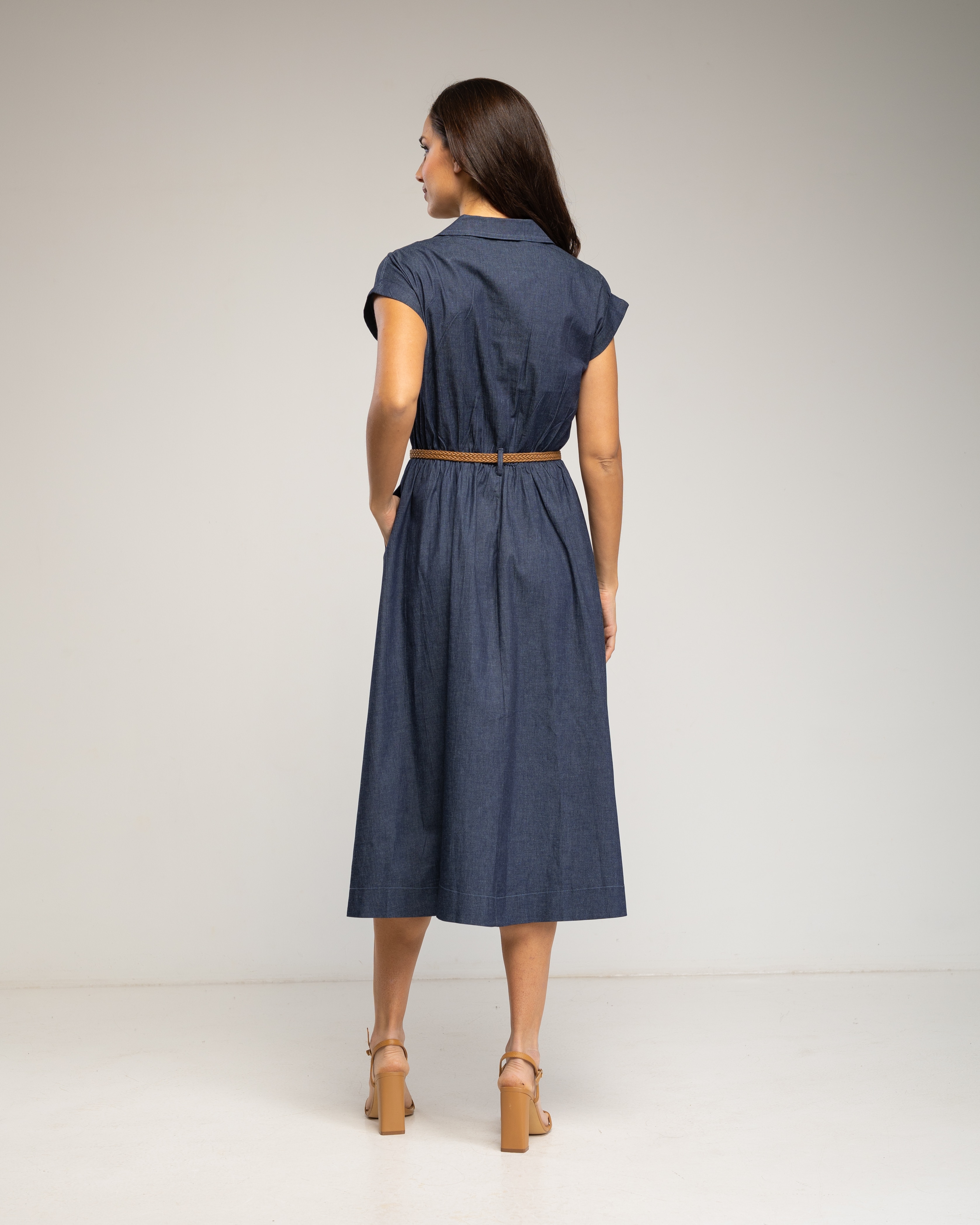 Vestido midi de algodón denim ccon falda de vuelo con bolsillos - Tantra - Azul oscuro Azul oscuro-3