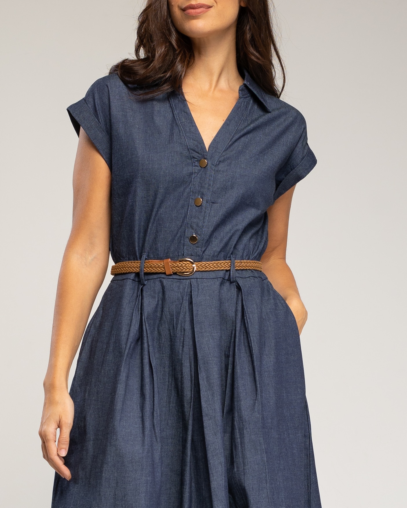 Vestido midi de algodón denim ccon falda de vuelo con bolsillos - Tantra - Azul oscuro Azul oscuro-4