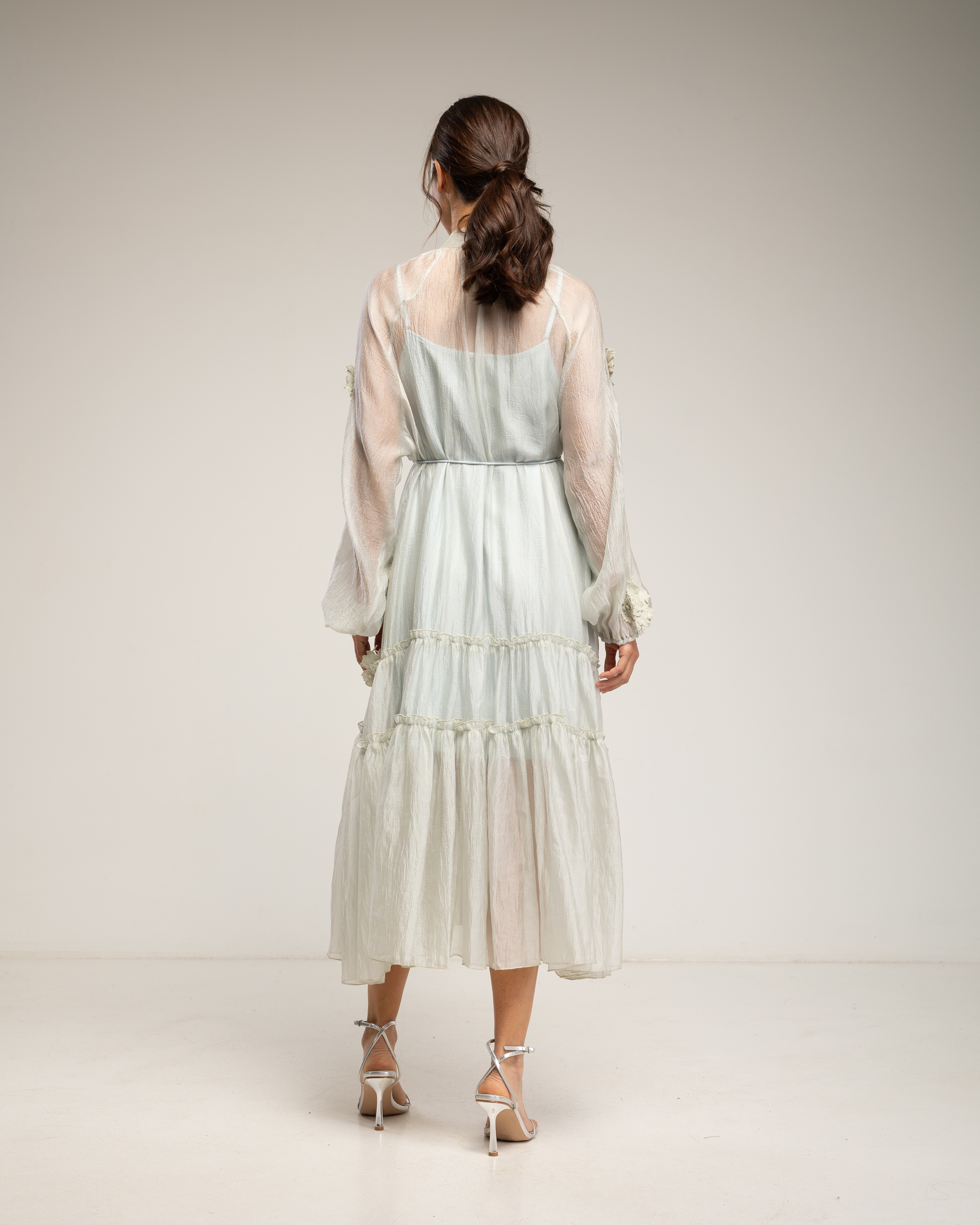 Vestido semitransparente con botones y detalle de flores y volantes - Tantra - Verde menta Verde menta-3