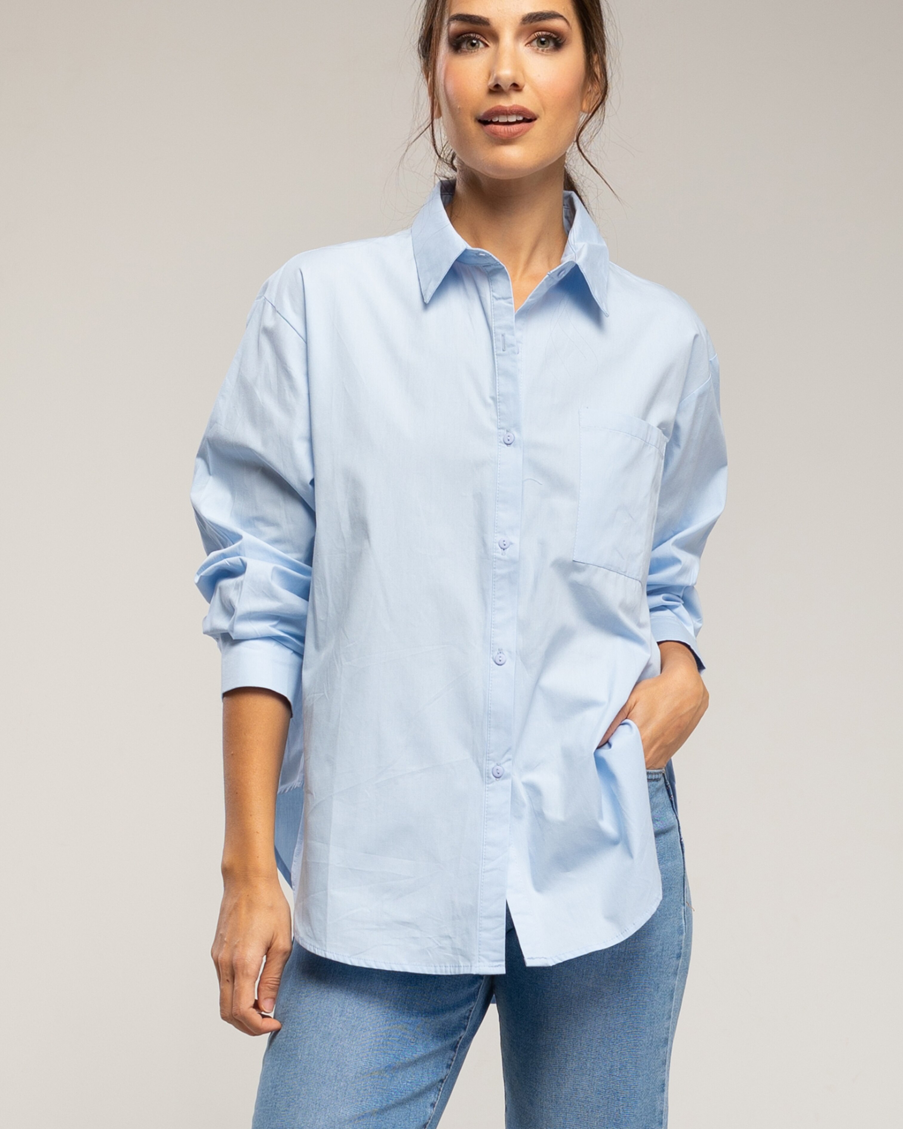 Camisa de mujer de algodón oversize con bolsillo delantero - Tantra - Azul denim Azul denim-3