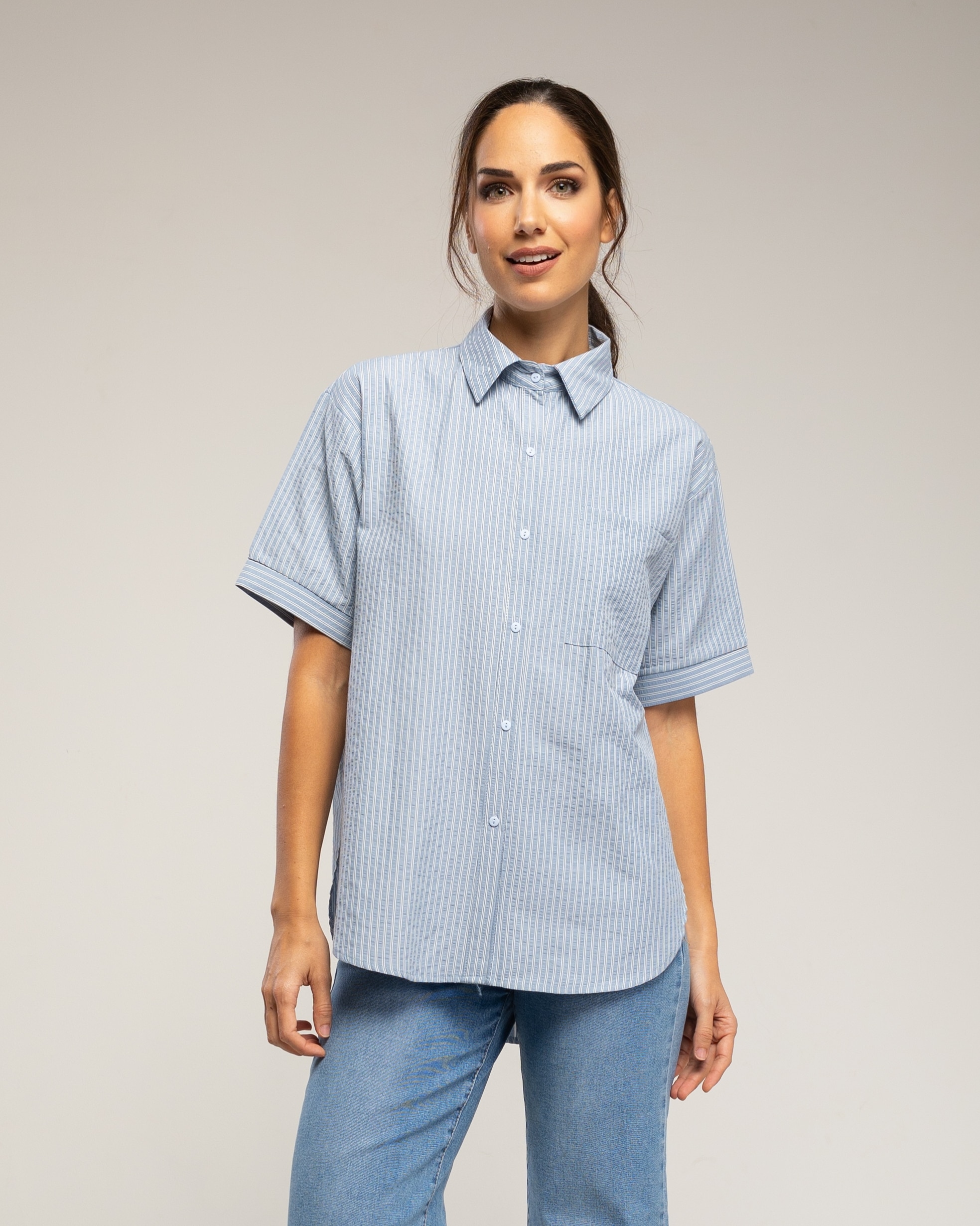 Camisa de algodón manga corta de rayas - Tantra - Azul denim Azul denim-1