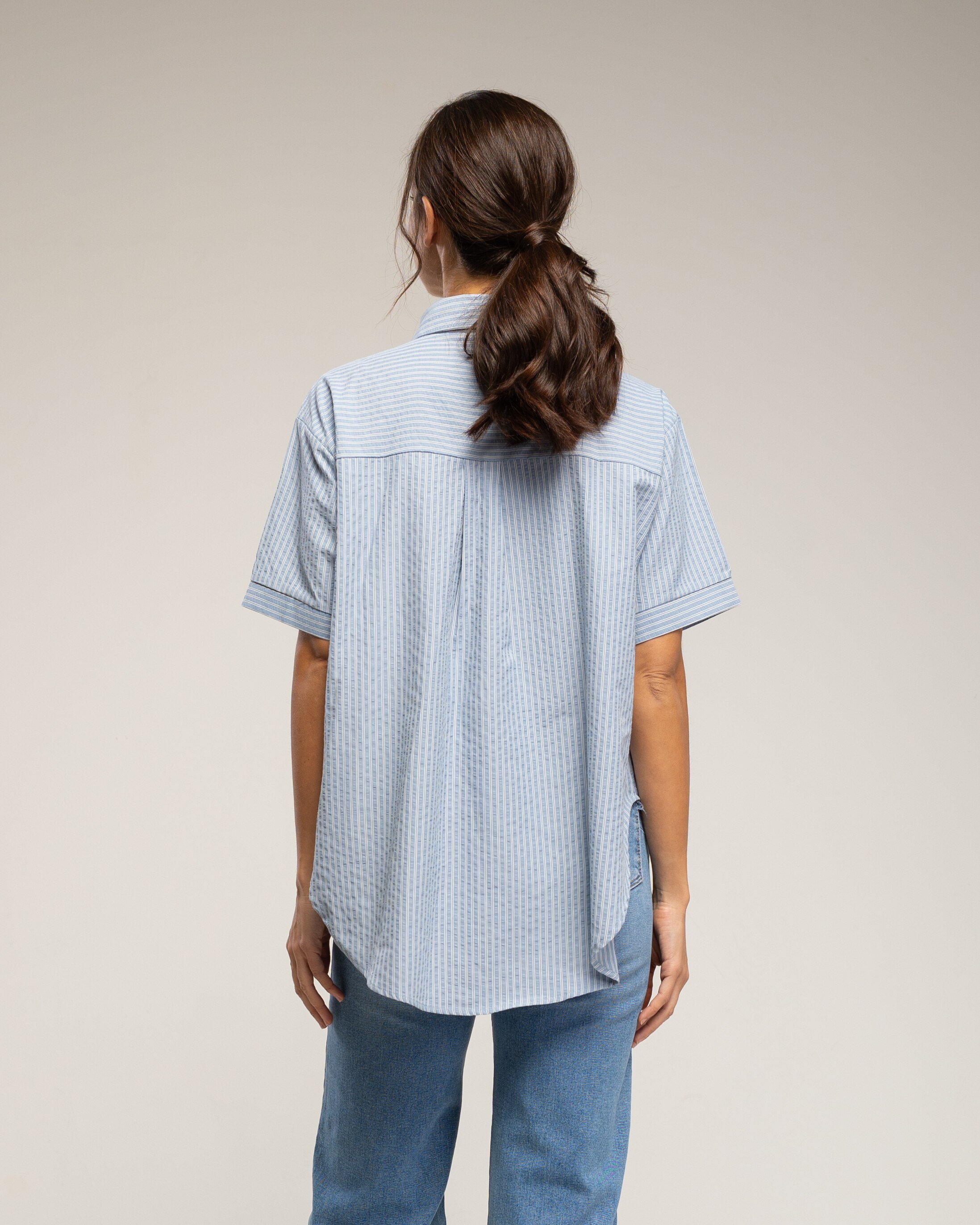 Camisa de algodón manga corta de rayas - Tantra - Azul denim Azul denim-2