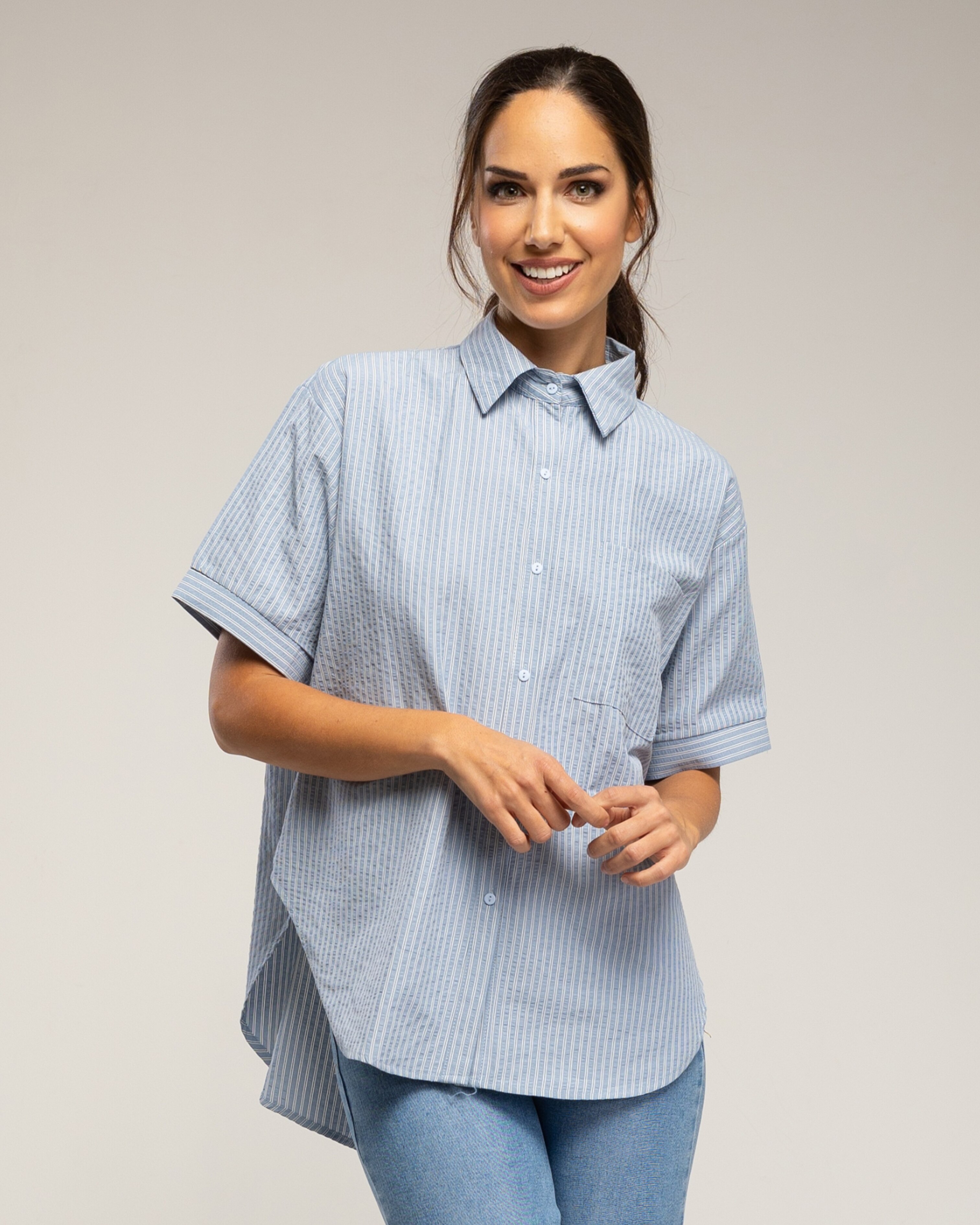 Camisa de algodón manga corta de rayas - Tantra - Azul denim Azul denim-3