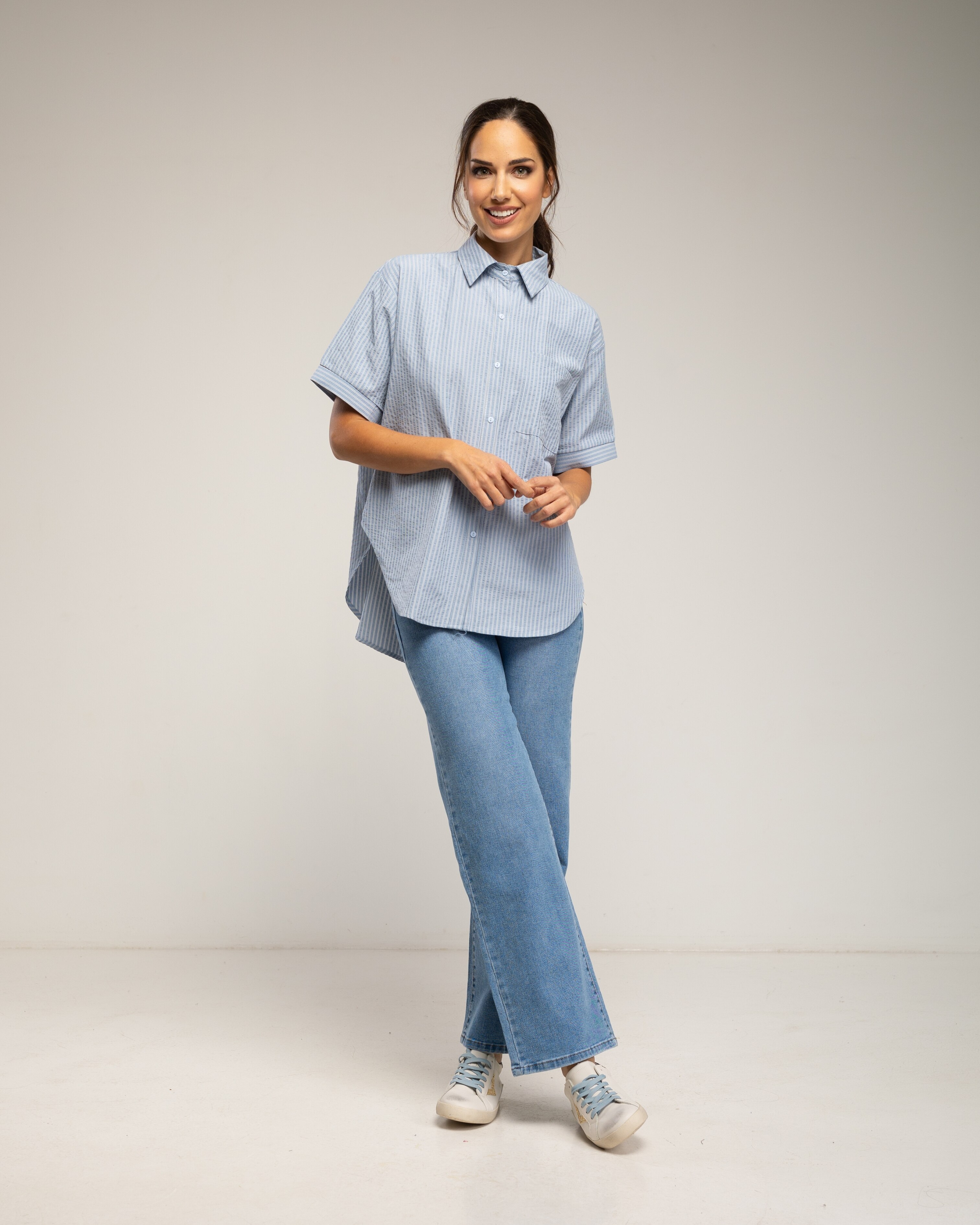 Camisa de algodón manga corta de rayas - Tantra - Azul denim Azul denim-4
