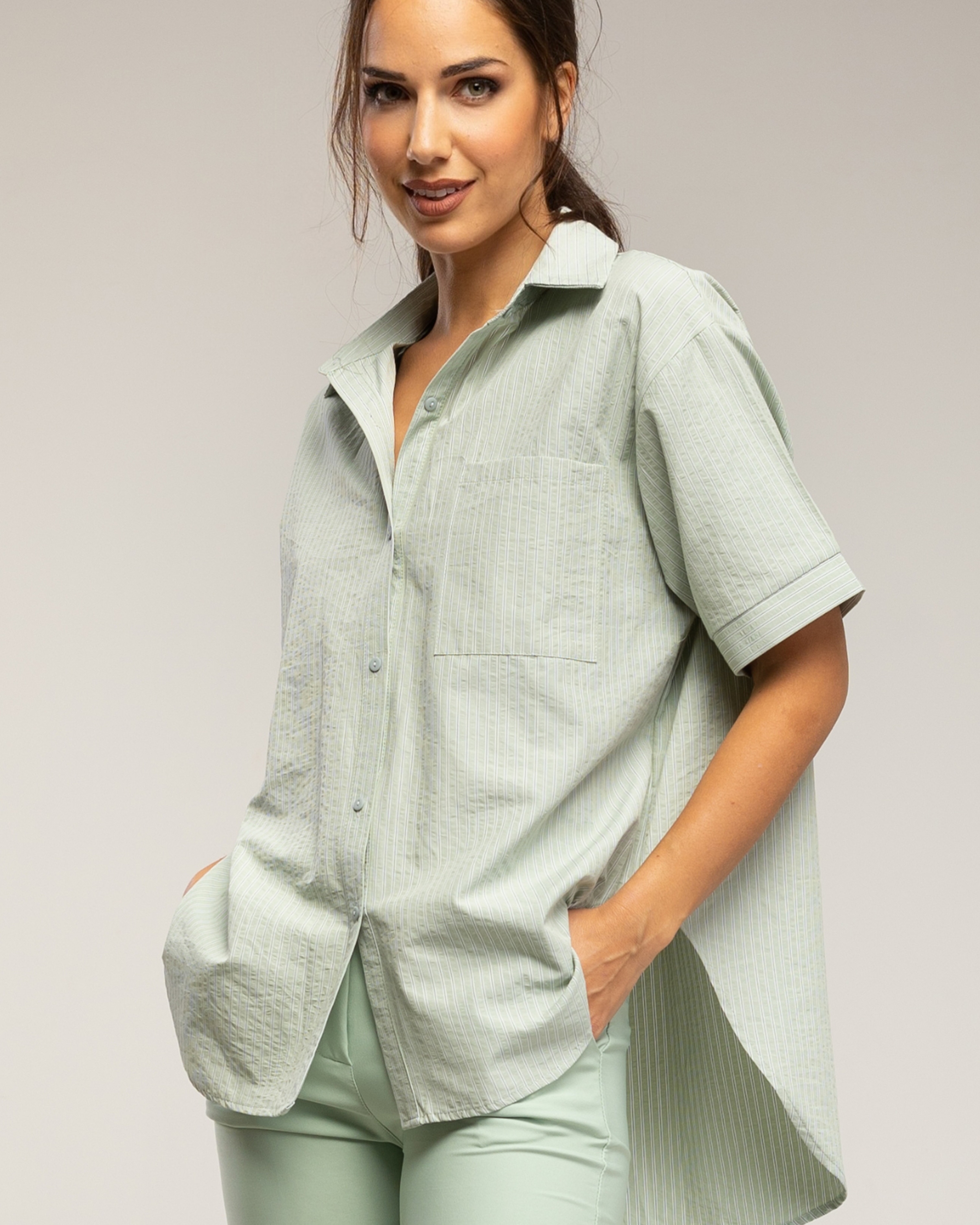 Camisa de algodón manga corta de rayas - Tantra - Verde Verde-3