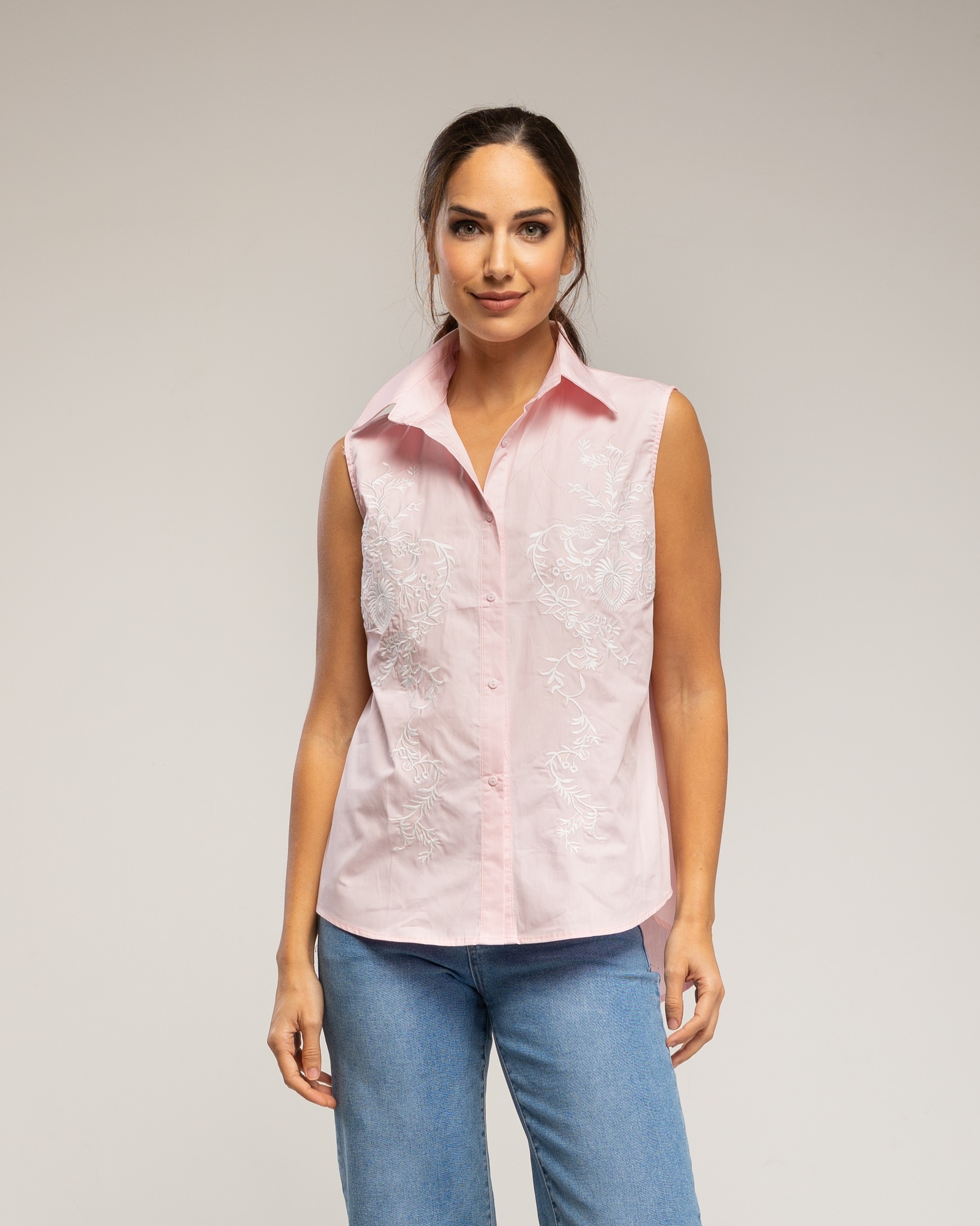 Camisa de mujer de algodón con bordados en el frontal - Tantra - Rosa Rosa-1