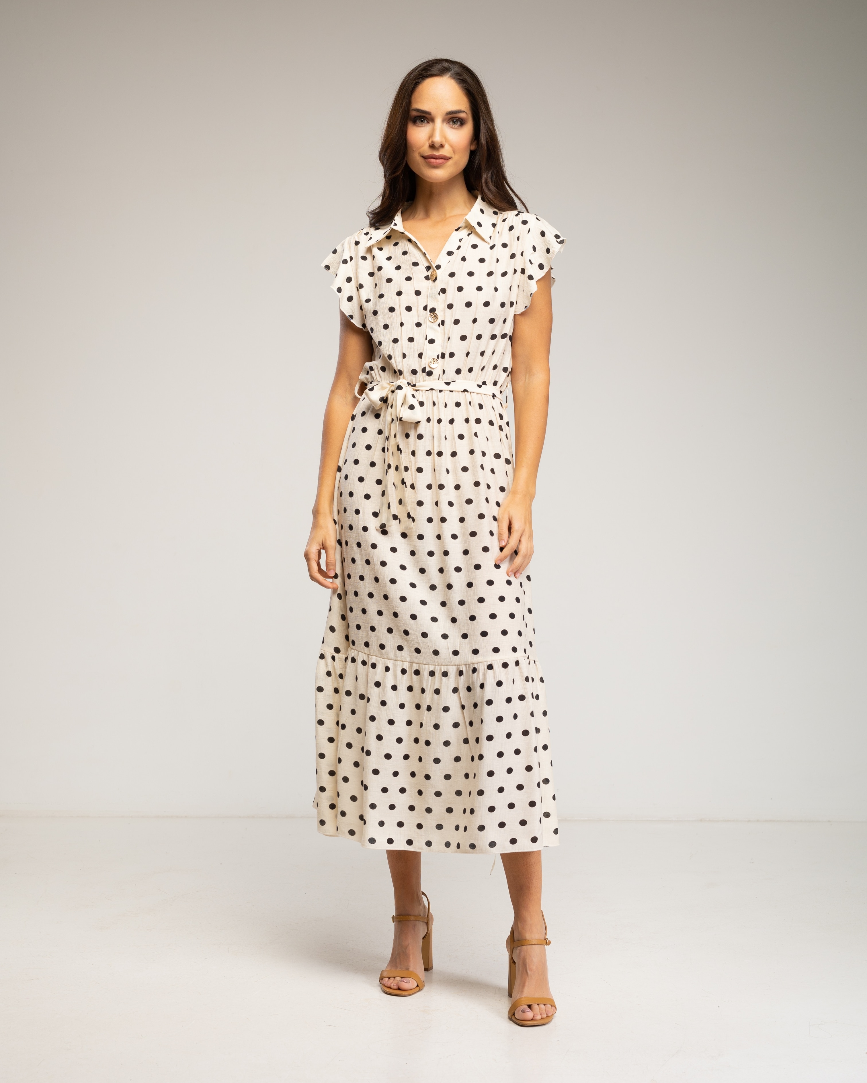 Vestido midi de lunares con botones y volantes en las mangas - Tantra - Negro Blanco-1