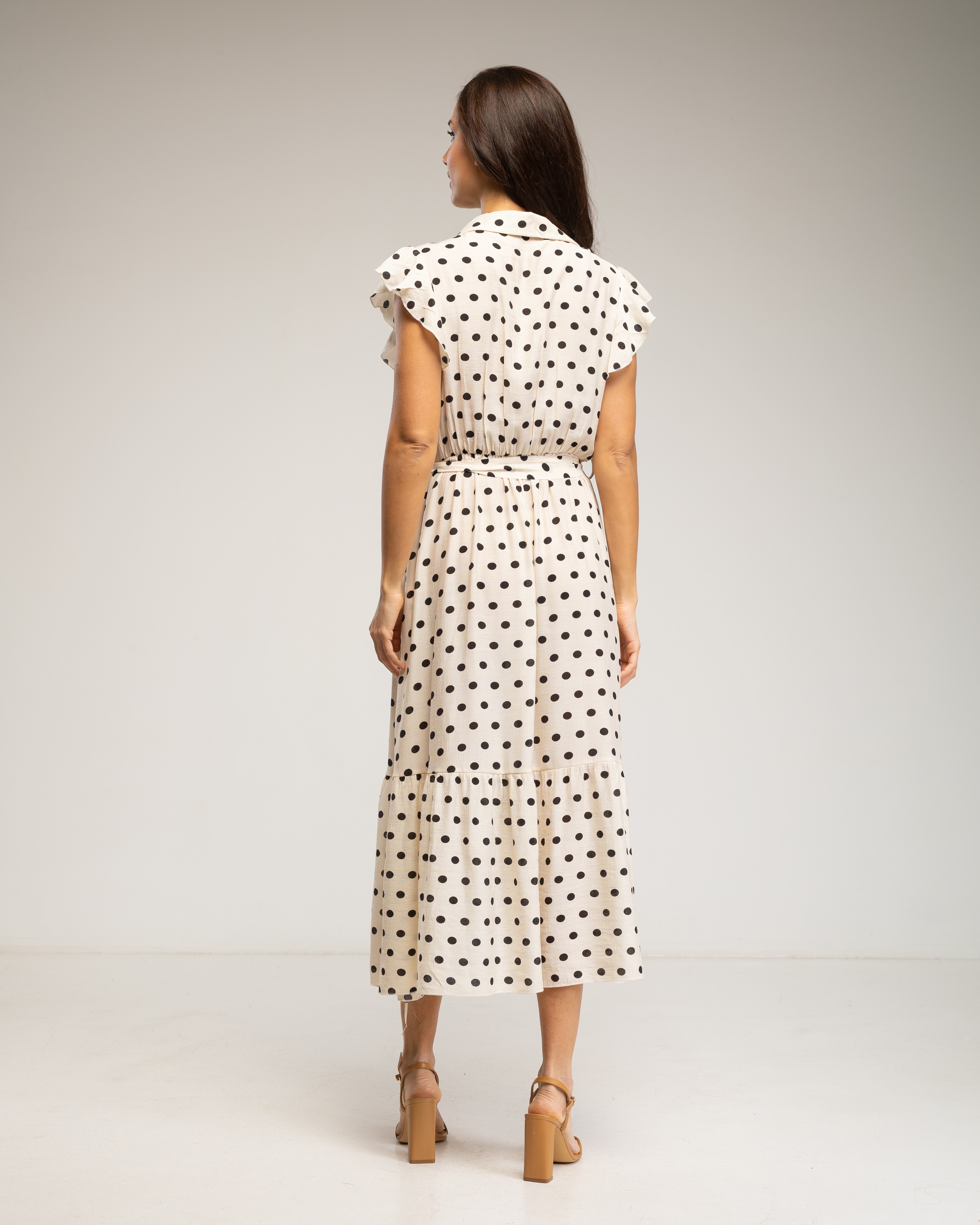 Vestido midi de lunares con botones y volantes en las mangas - Tantra - Negro Blanco-3