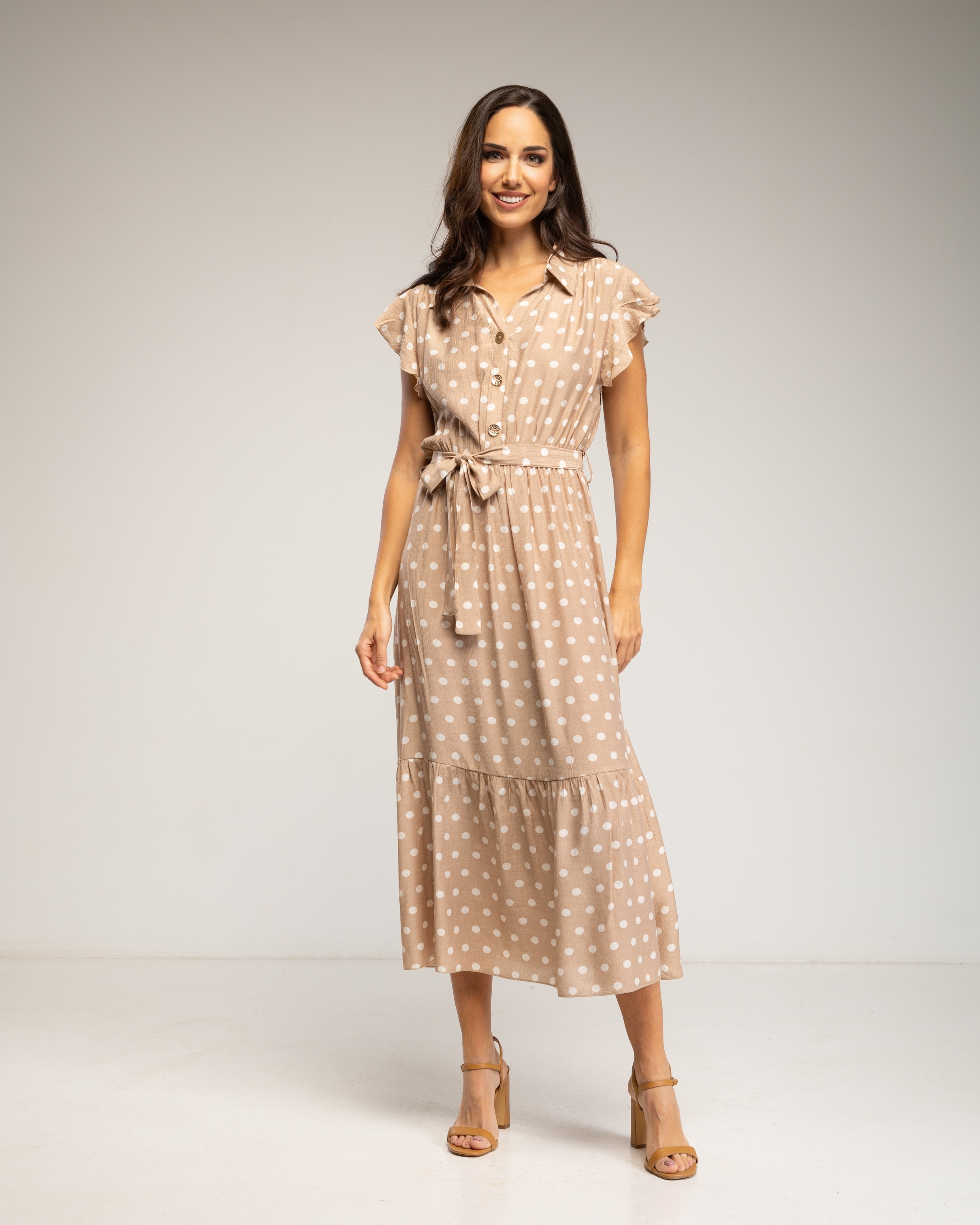 Vestido midi de lunares con botones y volantes en las mangas - Tantra - Beige Beige-1