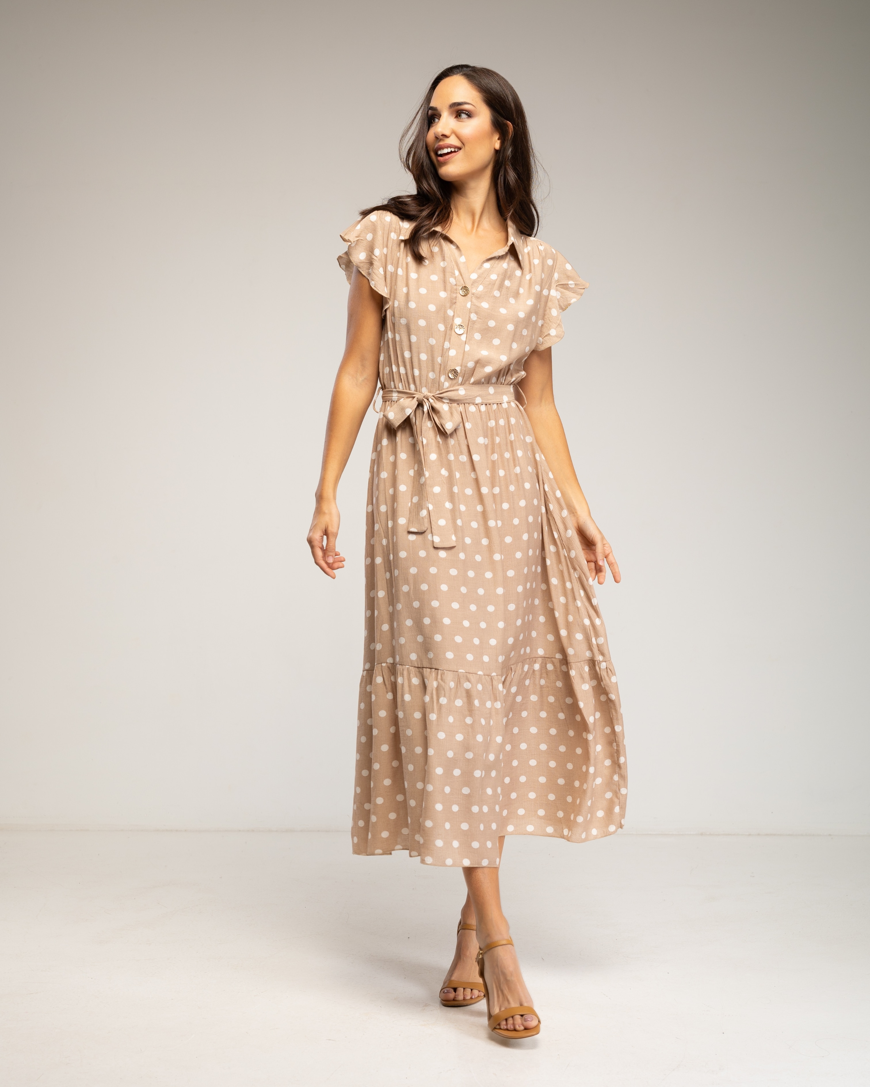 Vestido midi de lunares con botones y volantes en las mangas - Tantra - Beige Beige-2