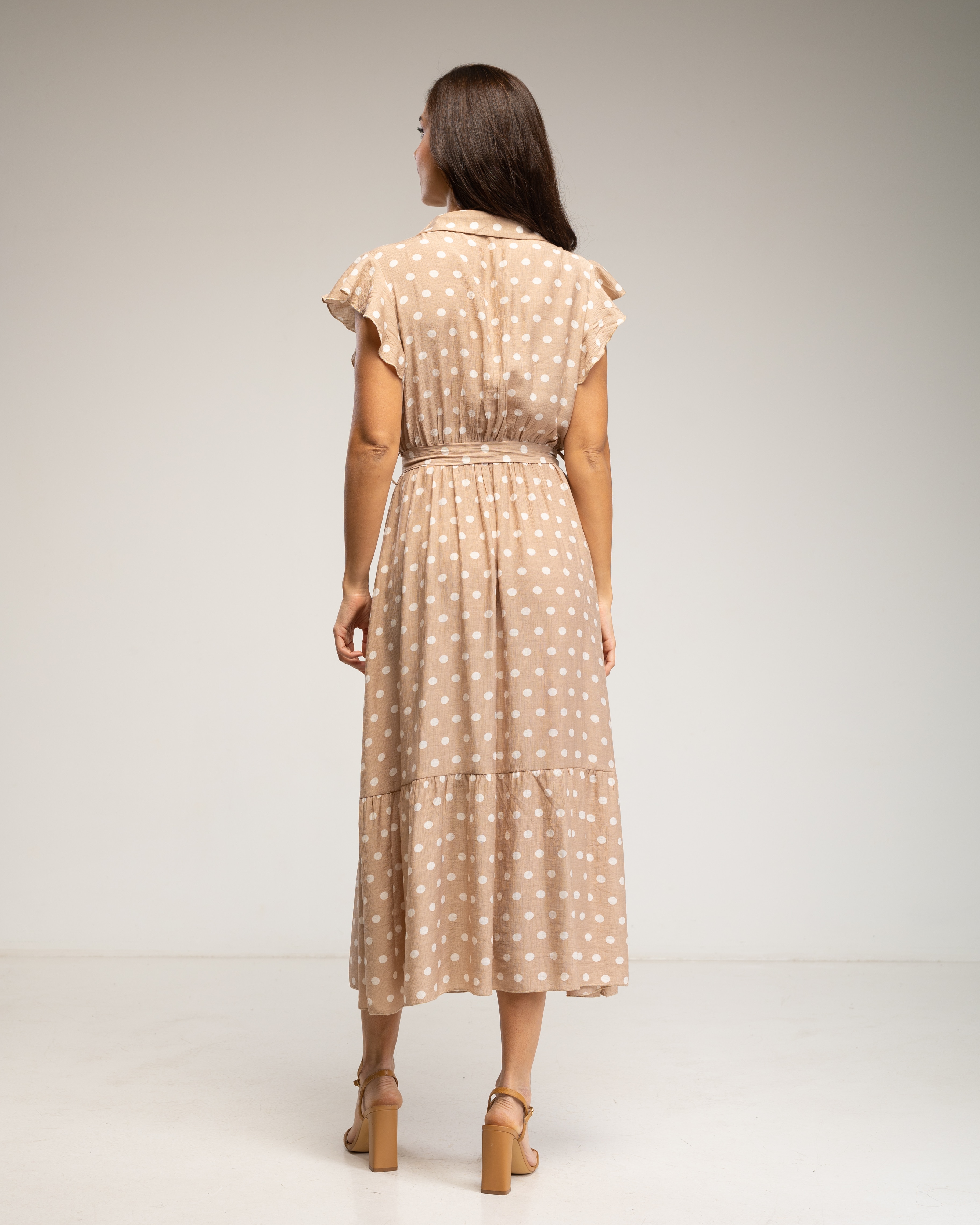 Vestido midi de lunares con botones y volantes en las mangas - Tantra - Beige Beige-3