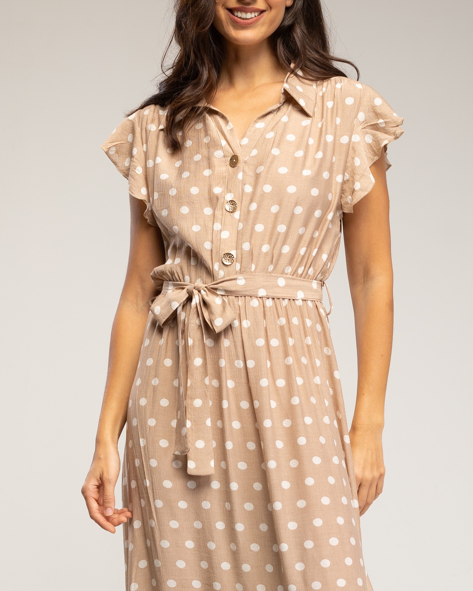 Vestido midi de lunares con botones y volantes en las mangas - Tantra - Beige Beige-4