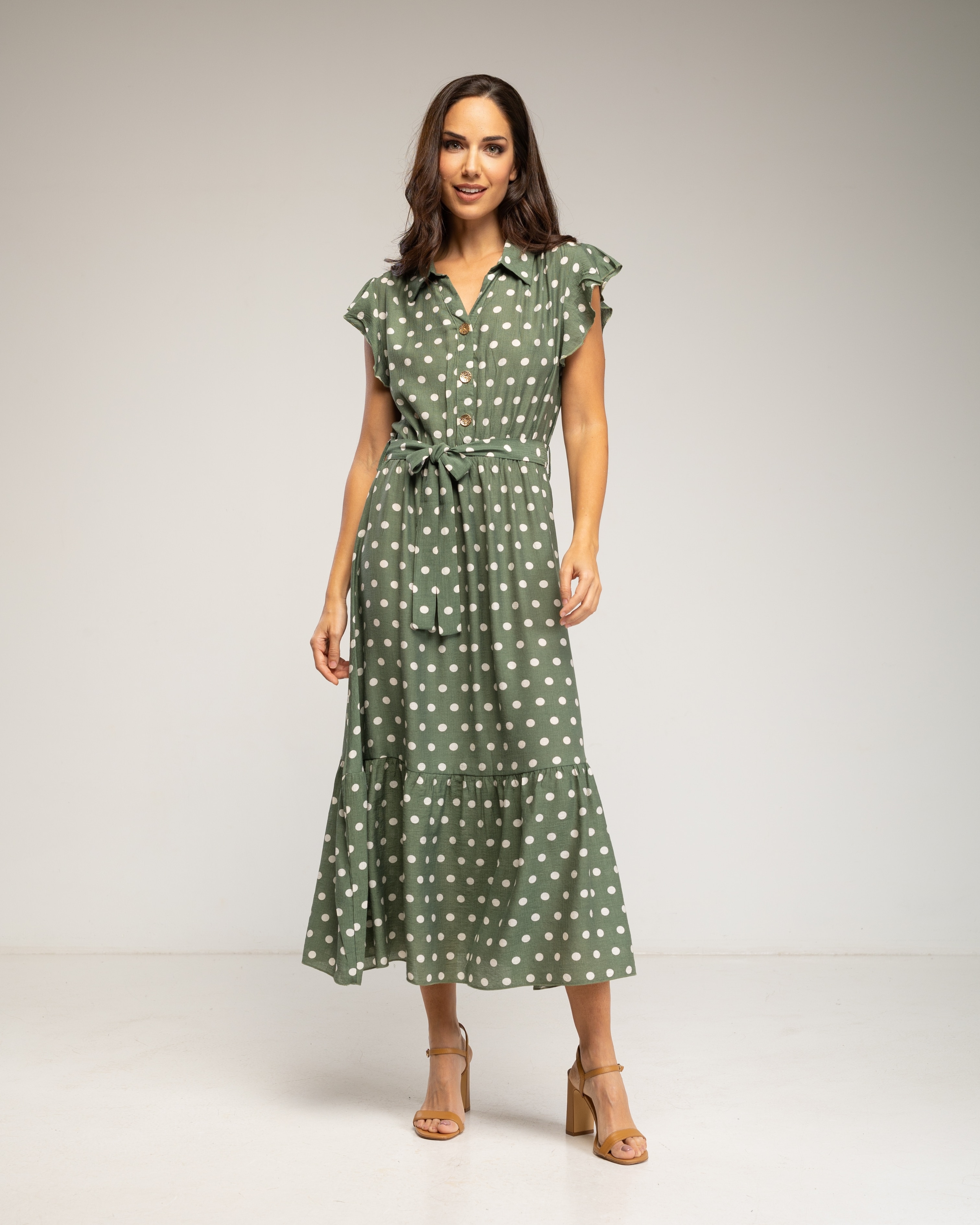 Vestido midi de lunares con botones y volantes en las mangas - Tantra - Verde militar Verde militar-1