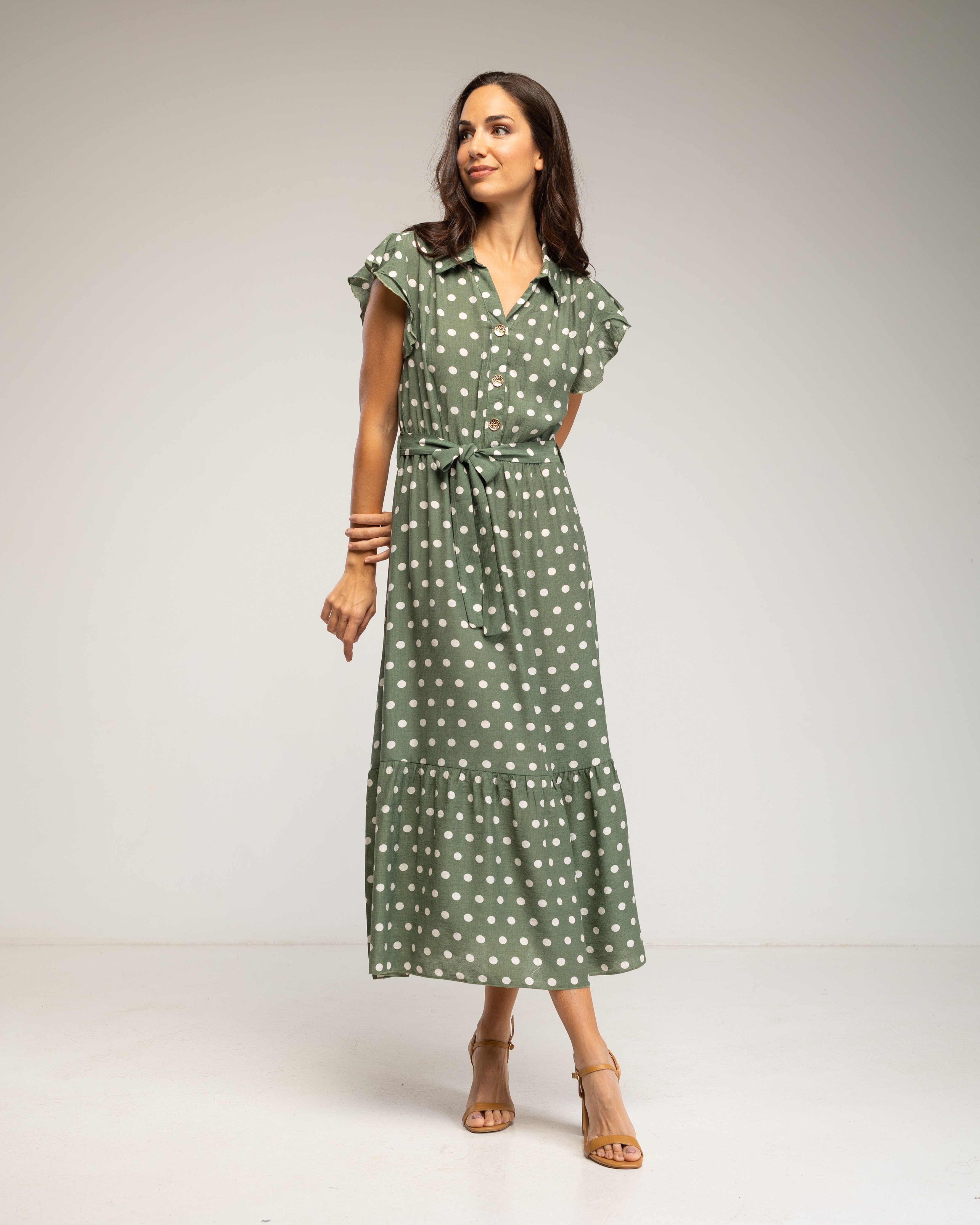 Vestido midi de lunares con botones y volantes en las mangas - Tantra - Verde militar Verde militar-2