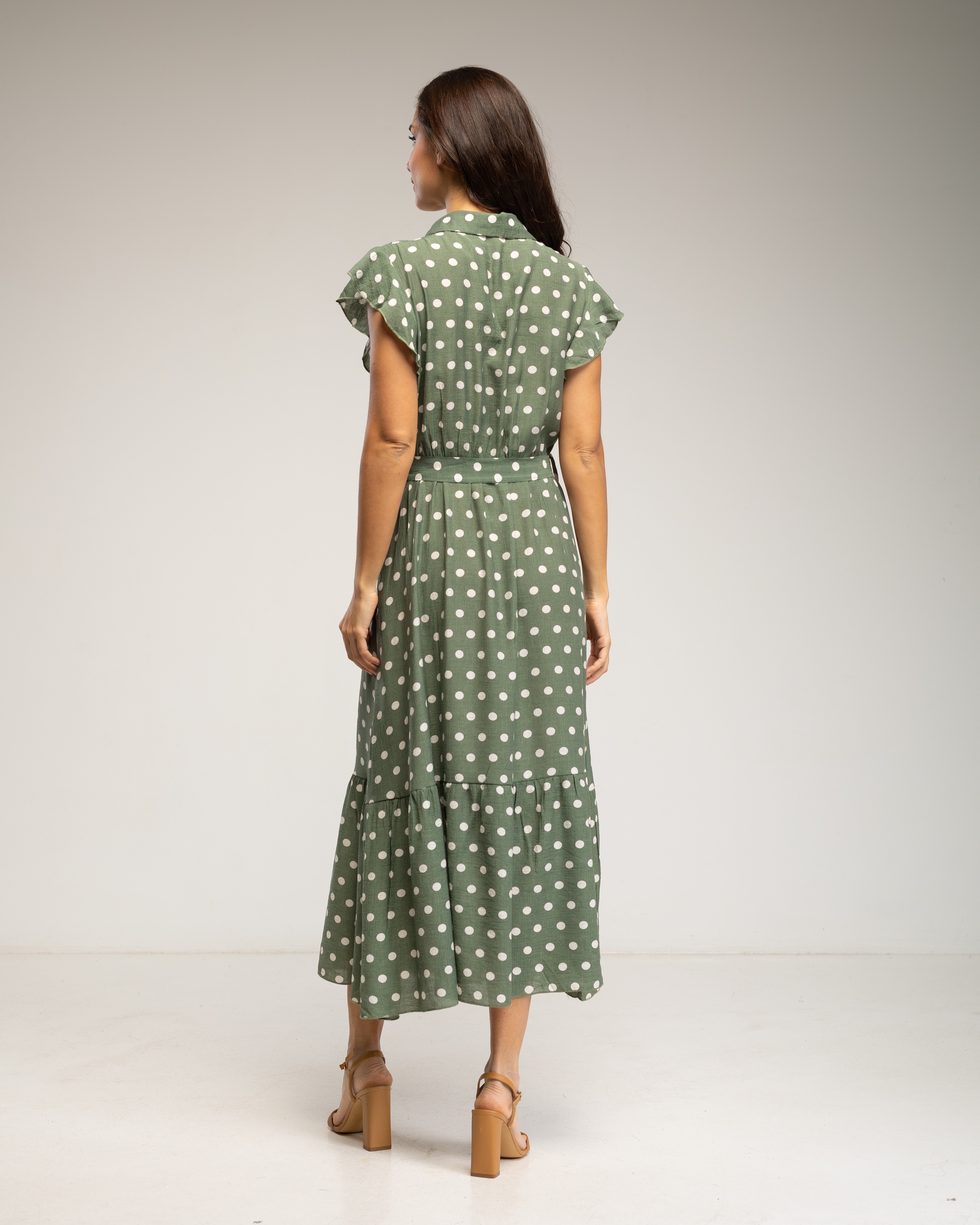 Vestido midi de lunares con botones y volantes en las mangas - Tantra - Verde militar Verde militar-3
