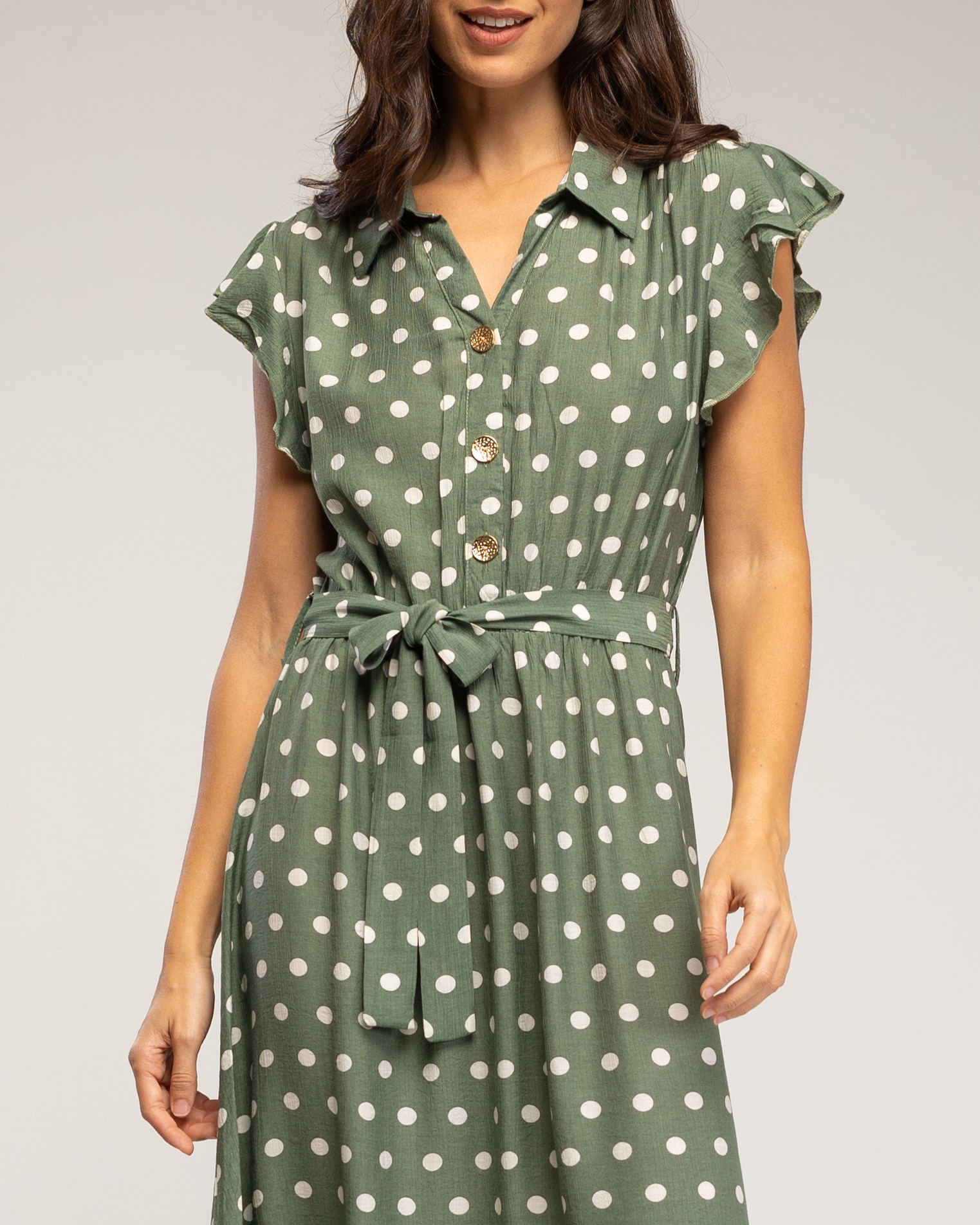 Vestido midi de lunares con botones y volantes en las mangas - Tantra - Verde militar Verde militar-4