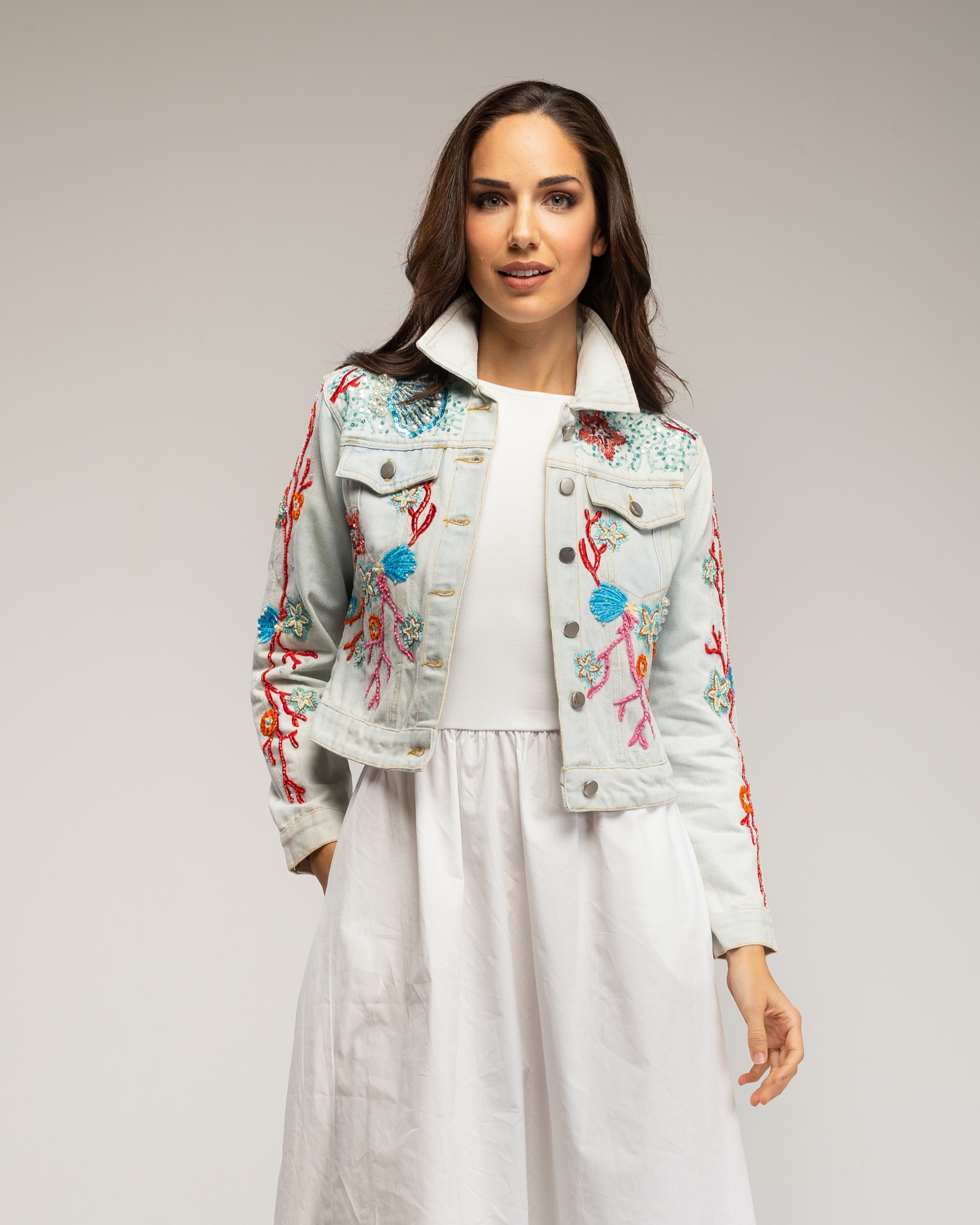 Cazadora denim de mujer con dibujo marino bordado y lentejuelas - Tantra - Azul claro Azul claro-1