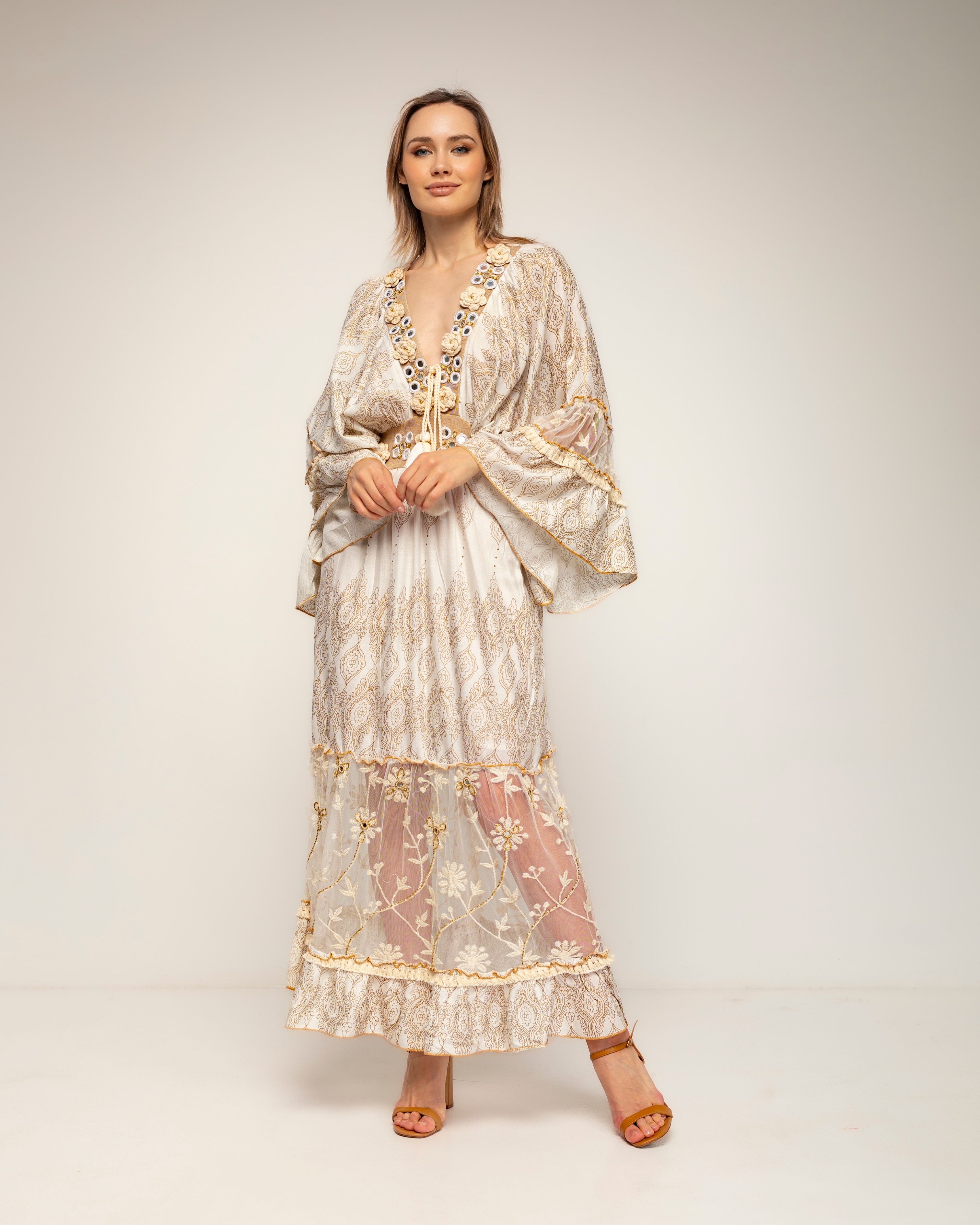 Vestido largo block print con encaje y bordados - Tantra - Crudo Crudo-2