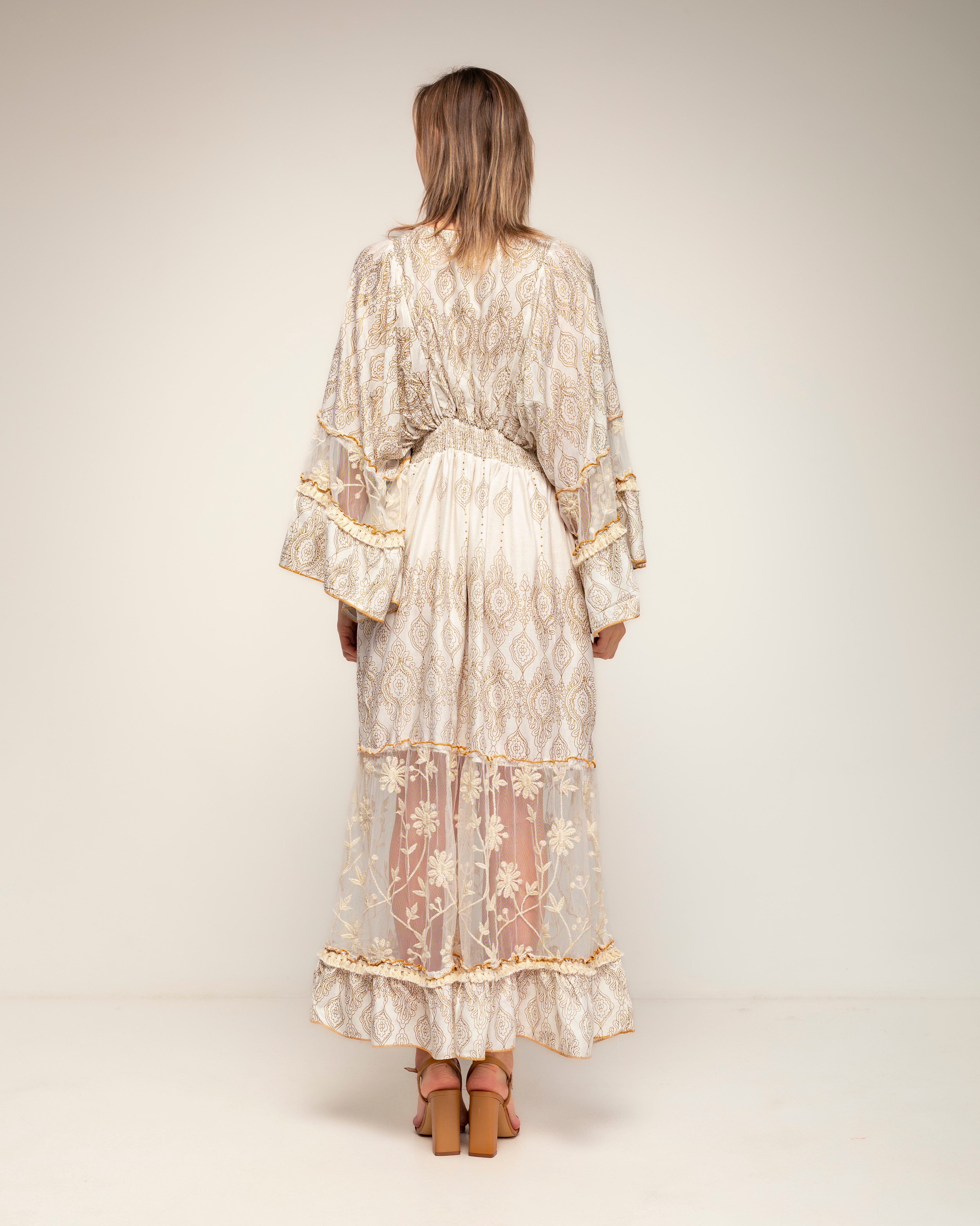 Vestido largo block print con encaje y bordados - Tantra - Crudo Crudo-3