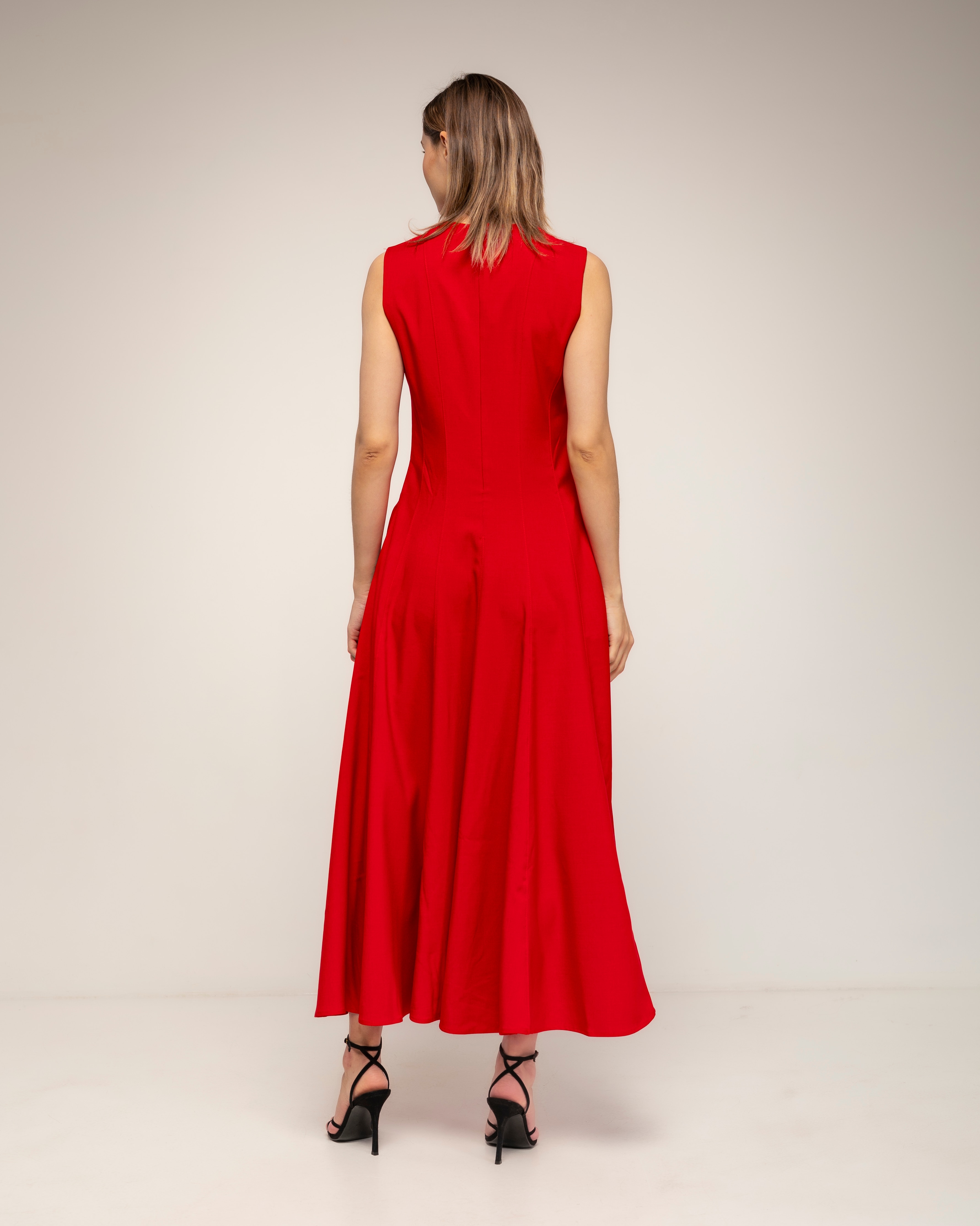 Vestido midi de corte tipo a con vuelo, con pinzas y bolsillos - Tantra - Rojo Rojo-3