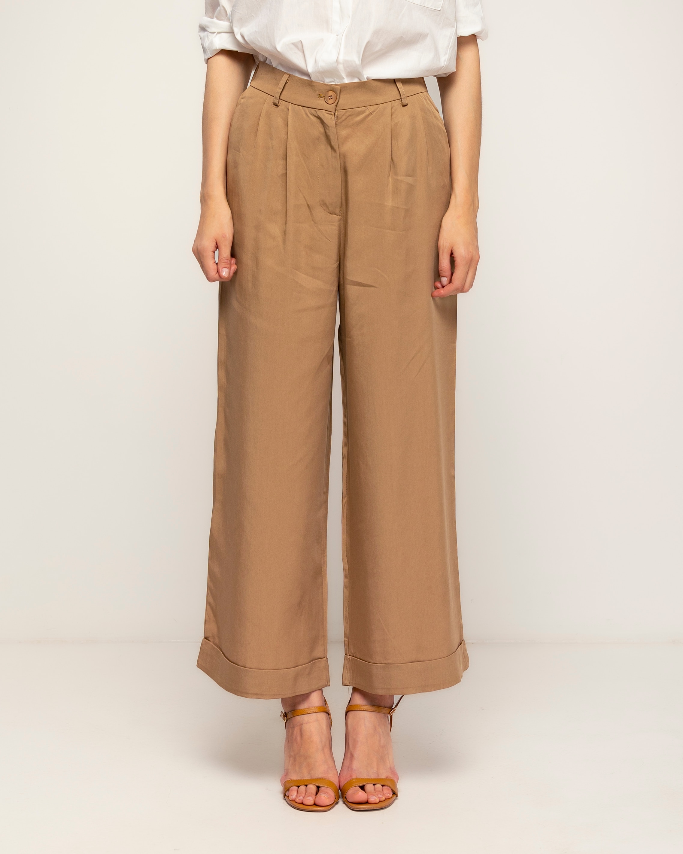 Pantalon de mujer 100% tencel, recto con pinzas de cintura alta con dobladillo en el bajo - Tantra - Camel Camel-2
