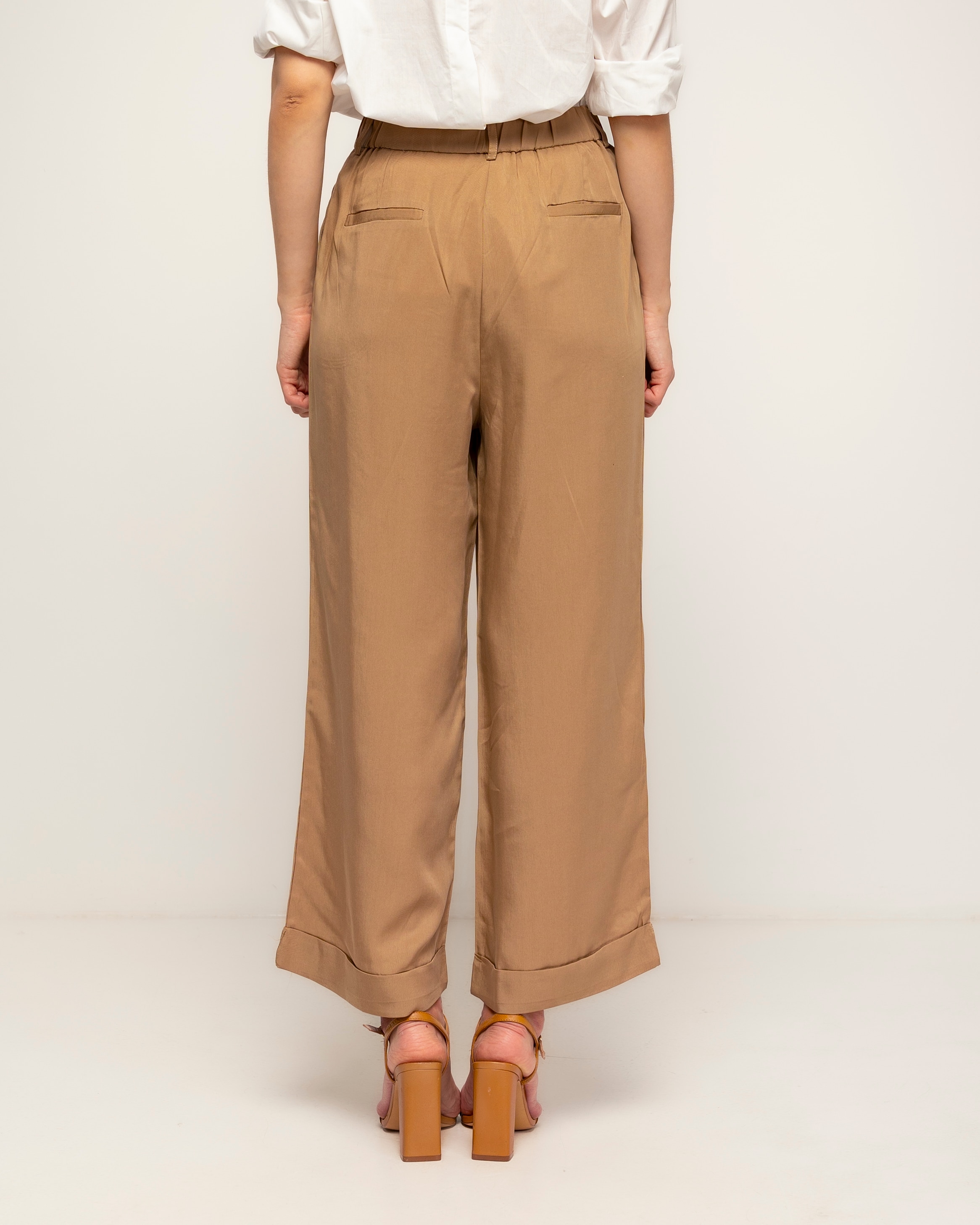 Pantalon de mujer 100% tencel, recto con pinzas de cintura alta con dobladillo en el bajo - Tantra - Camel Camel-3