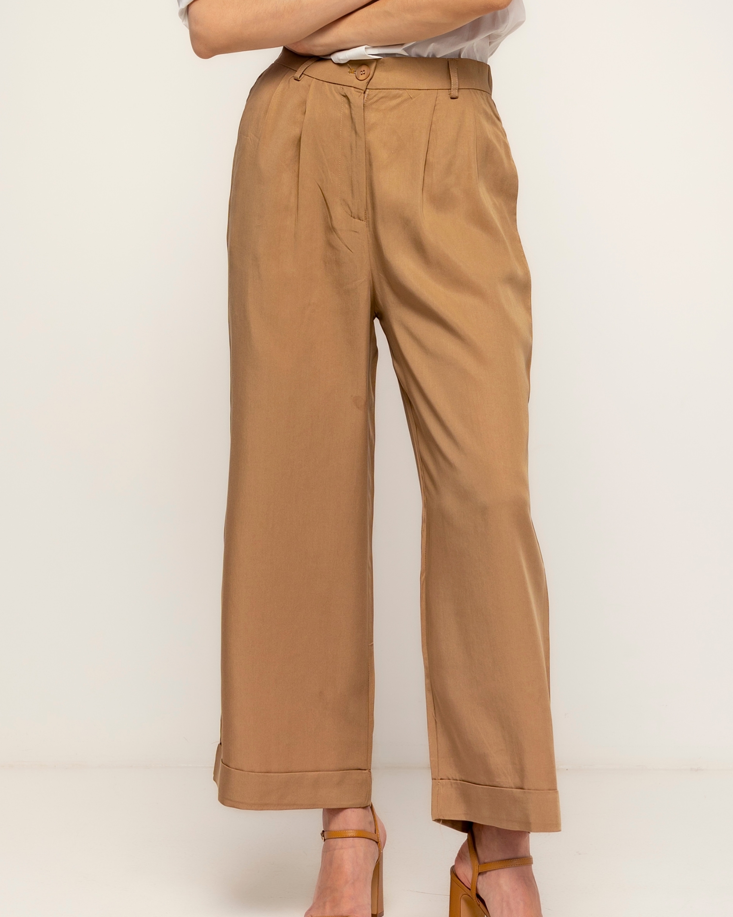 Pantalon de mujer 100% tencel, recto con pinzas de cintura alta con dobladillo en el bajo - Tantra - Camel Camel-4