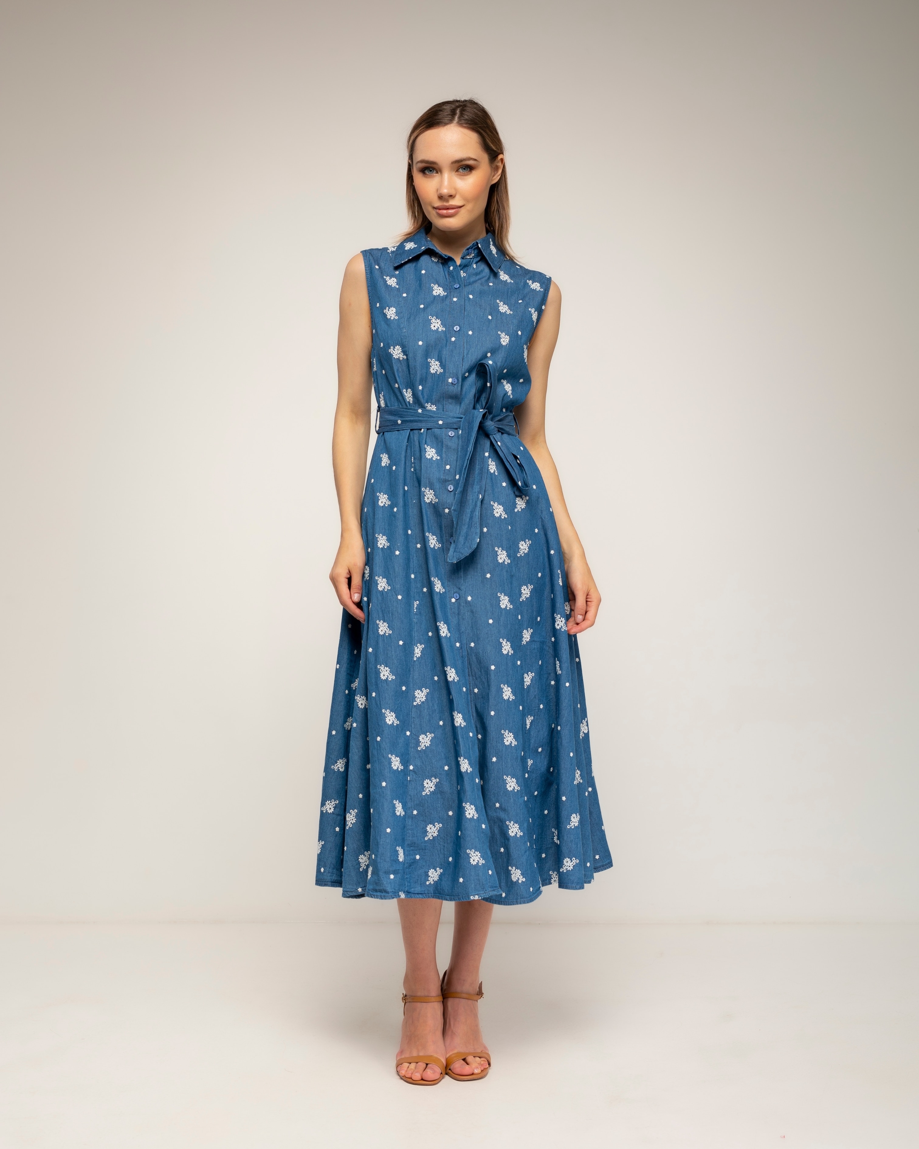Vestido midi camisero de tencel con bordados - Tantra - Azul denim Azul denim-2