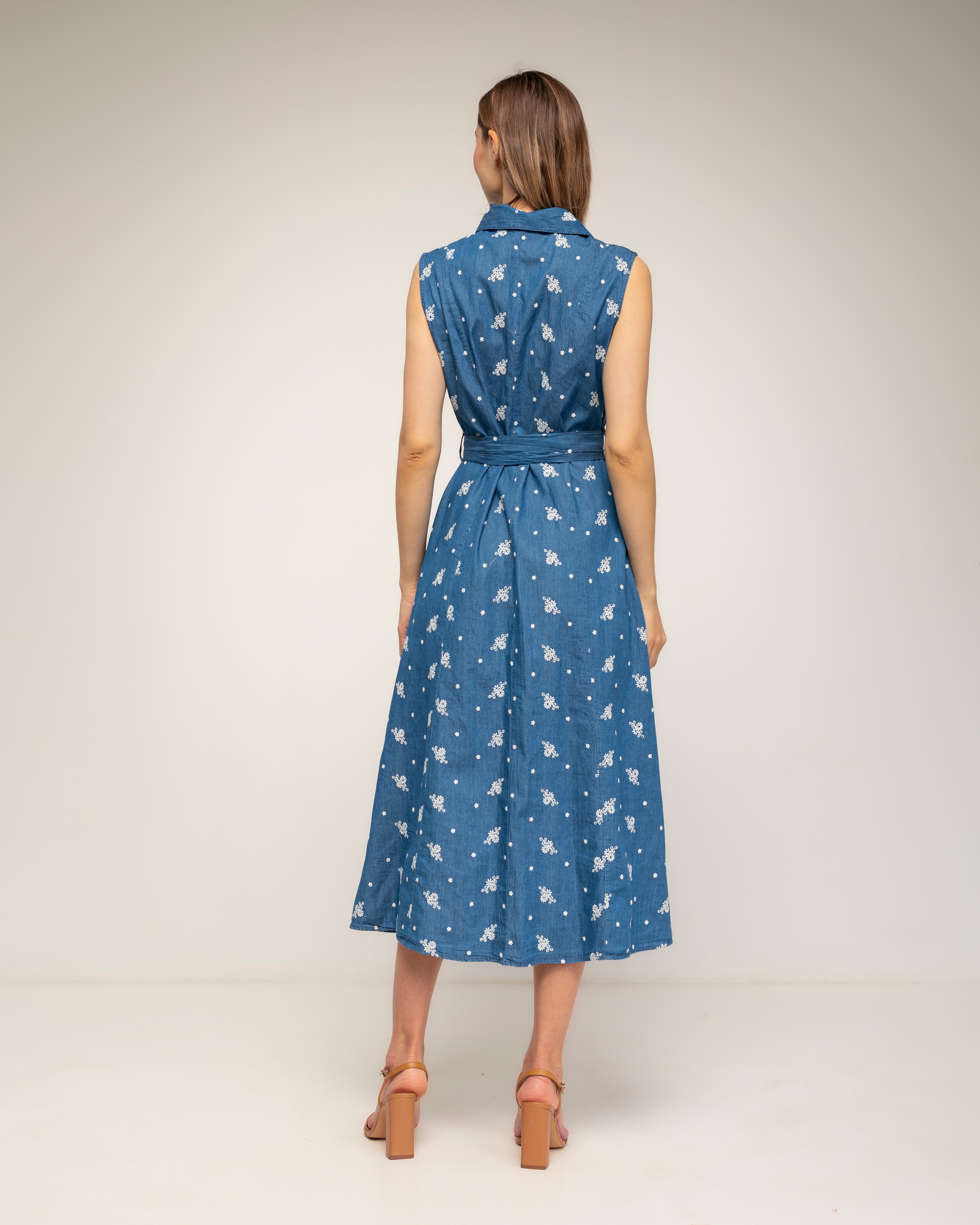 Vestido midi camisero de tencel con bordados - Tantra - Azul denim Azul denim-3
