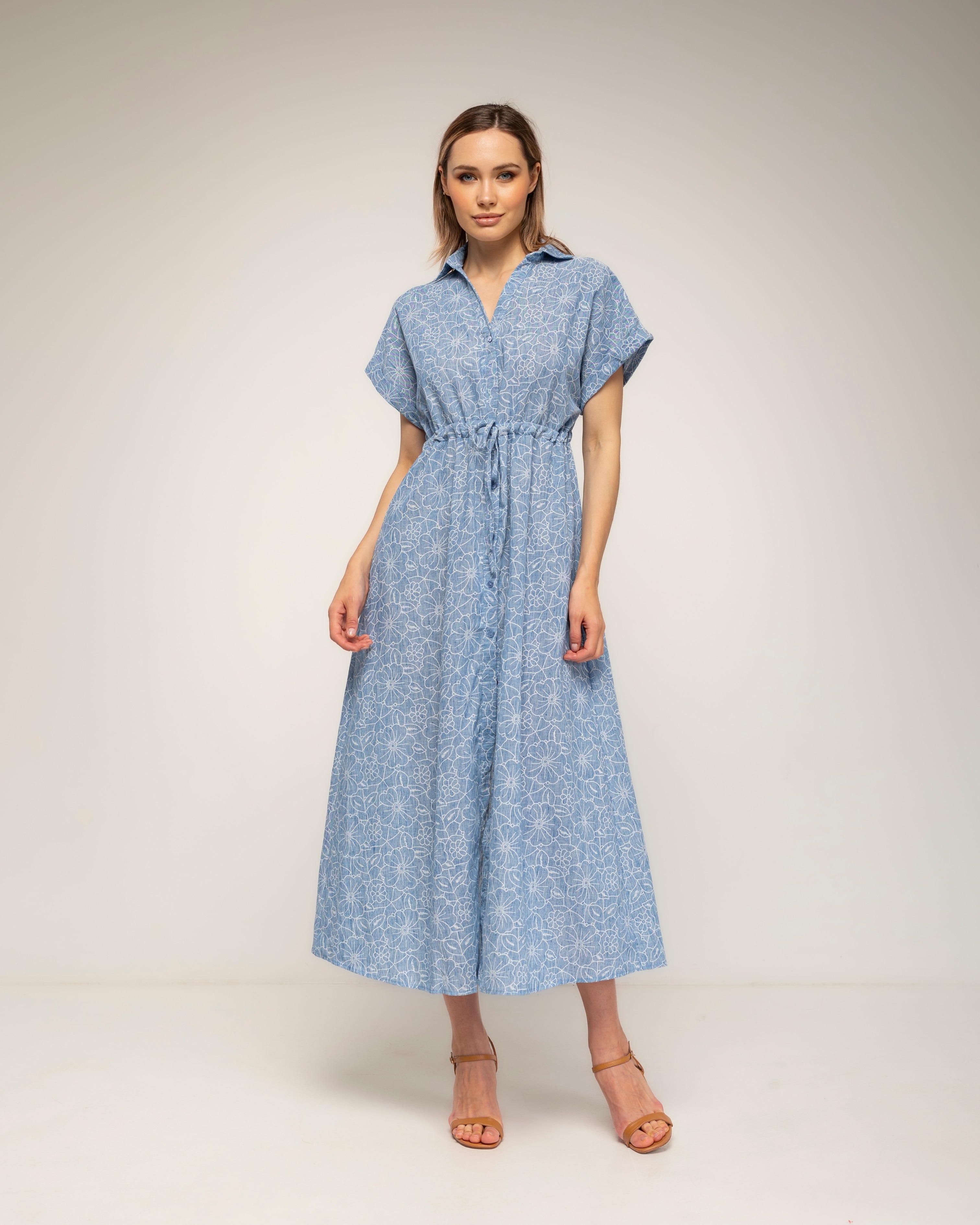 Vestido midi camisero de algodón con bordado - Tantra - Azul denim Azul denim-1