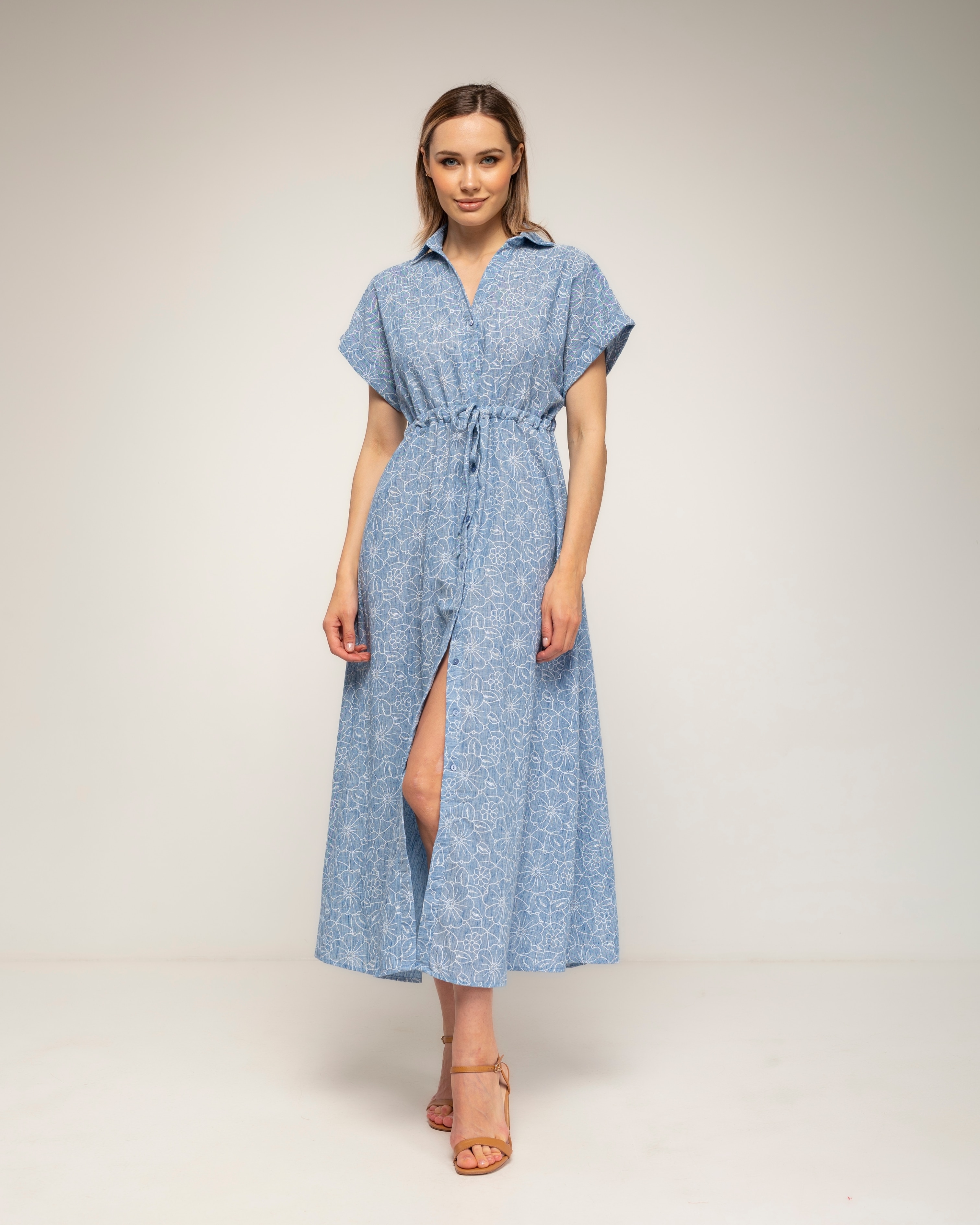 Vestido midi camisero de algodón con bordado - Tantra - Azul denim Azul denim-2