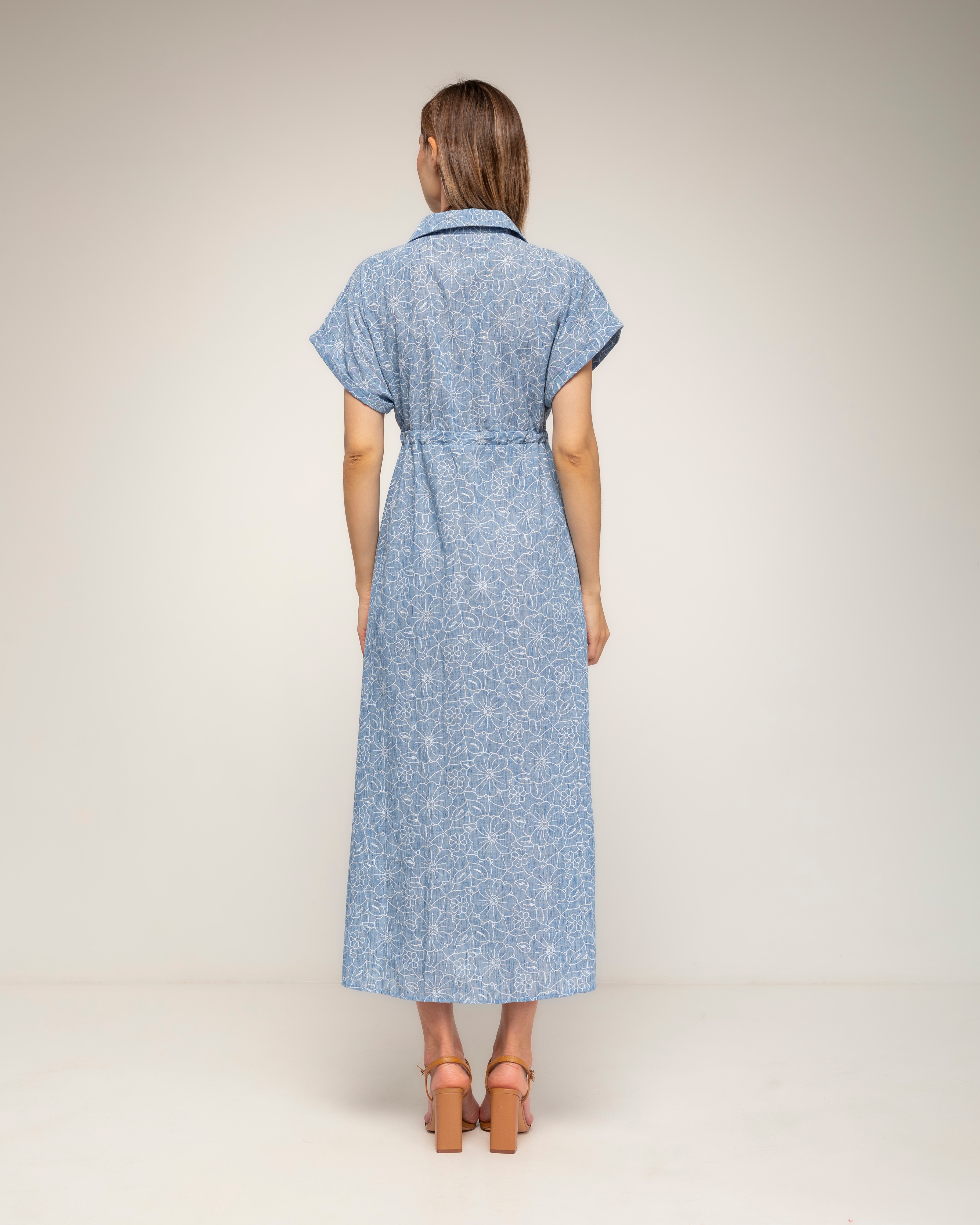 Vestido midi camisero de algodón con bordado - Tantra - Azul denim Azul denim-3