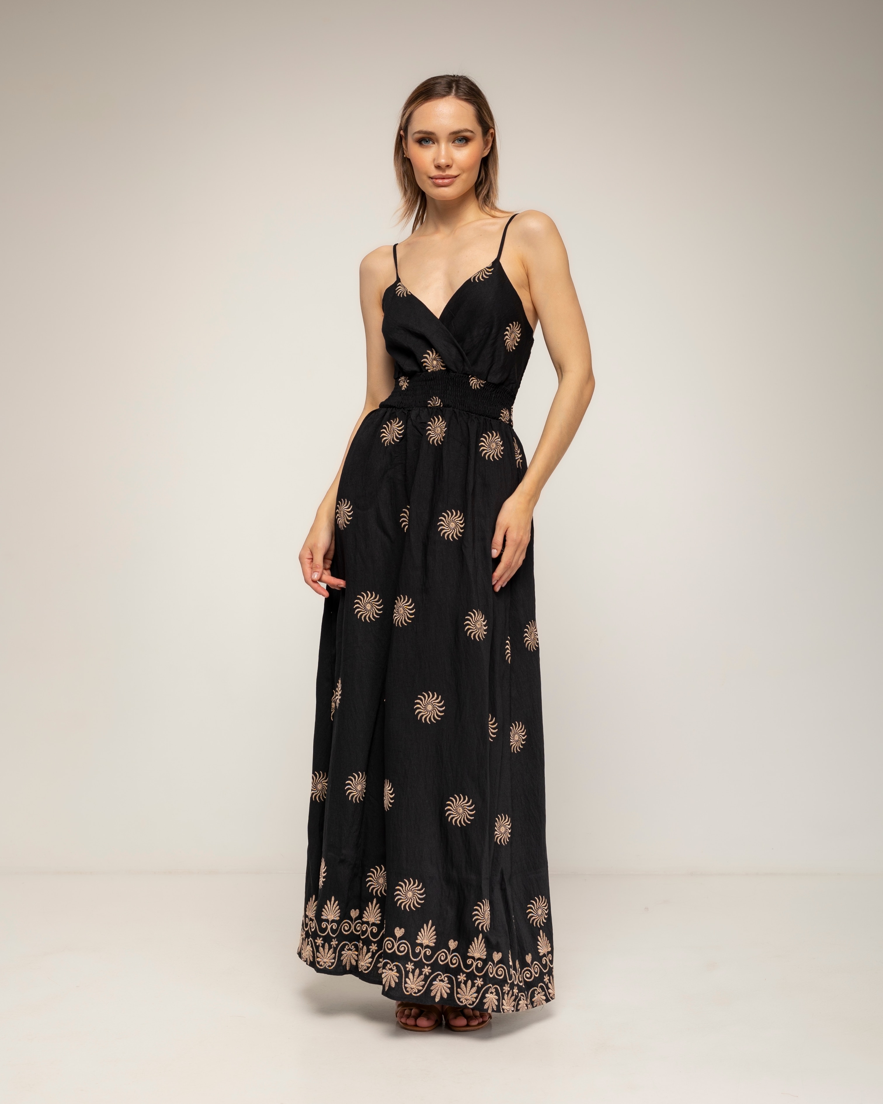 Vestido con lino de tirantes con bordados de flores y espalda fruncida - Tantra - Marrón Marrón-1