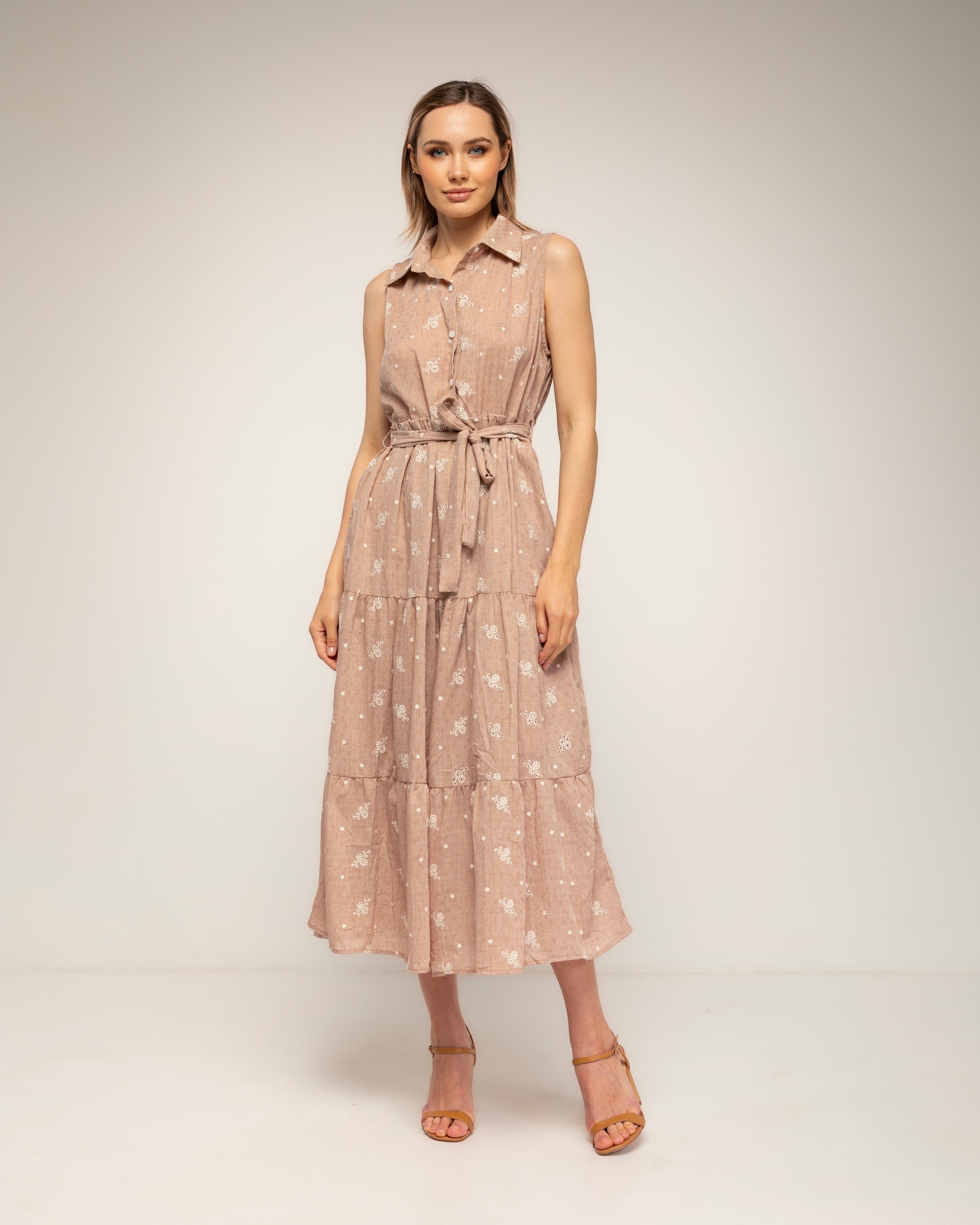 Vestido midi 100% algodón, tipo camisero con bordados - Tantra - Beige Beige-1