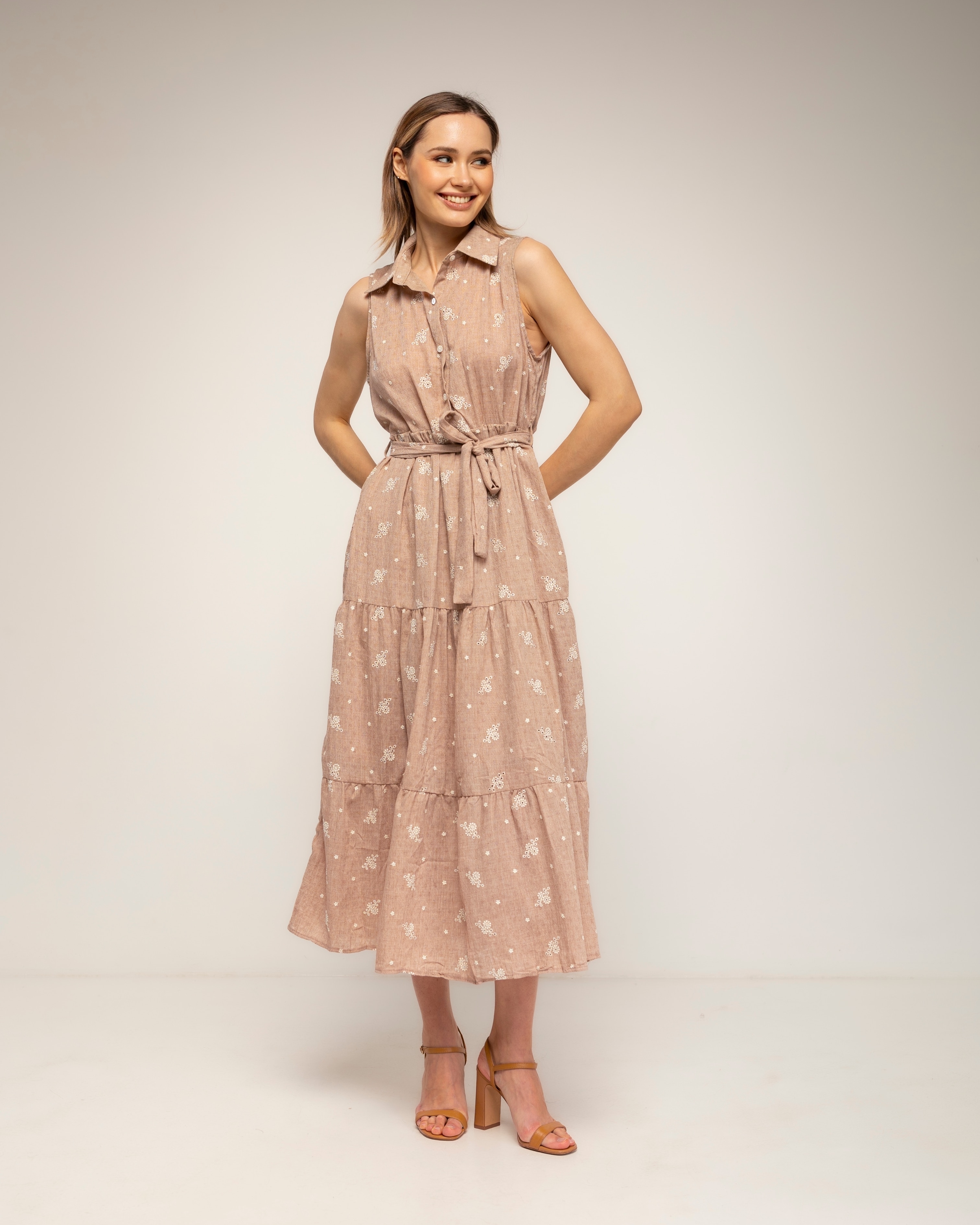 Vestido midi 100% algodón, tipo camisero con bordados - Tantra - Beige Beige-2