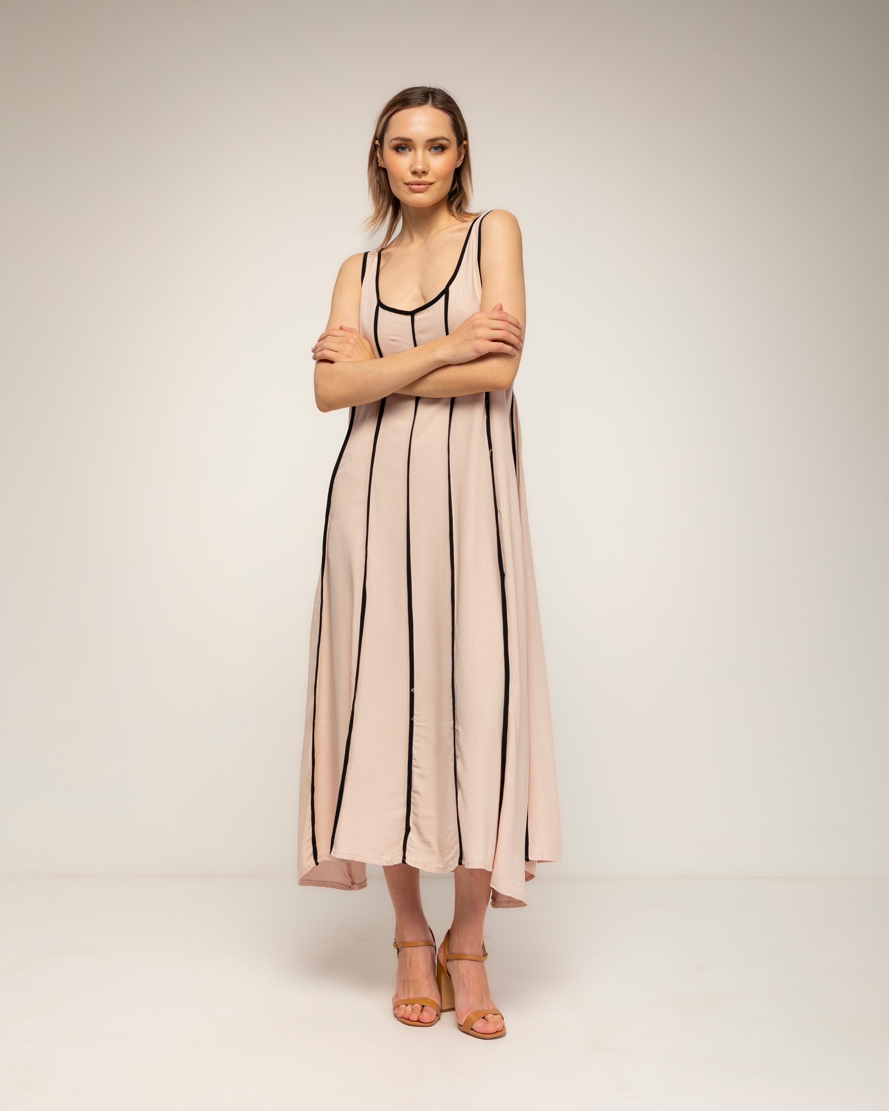 Vestido largo con lino, bicolor de tirantes - Tantra - Beige Beige-2