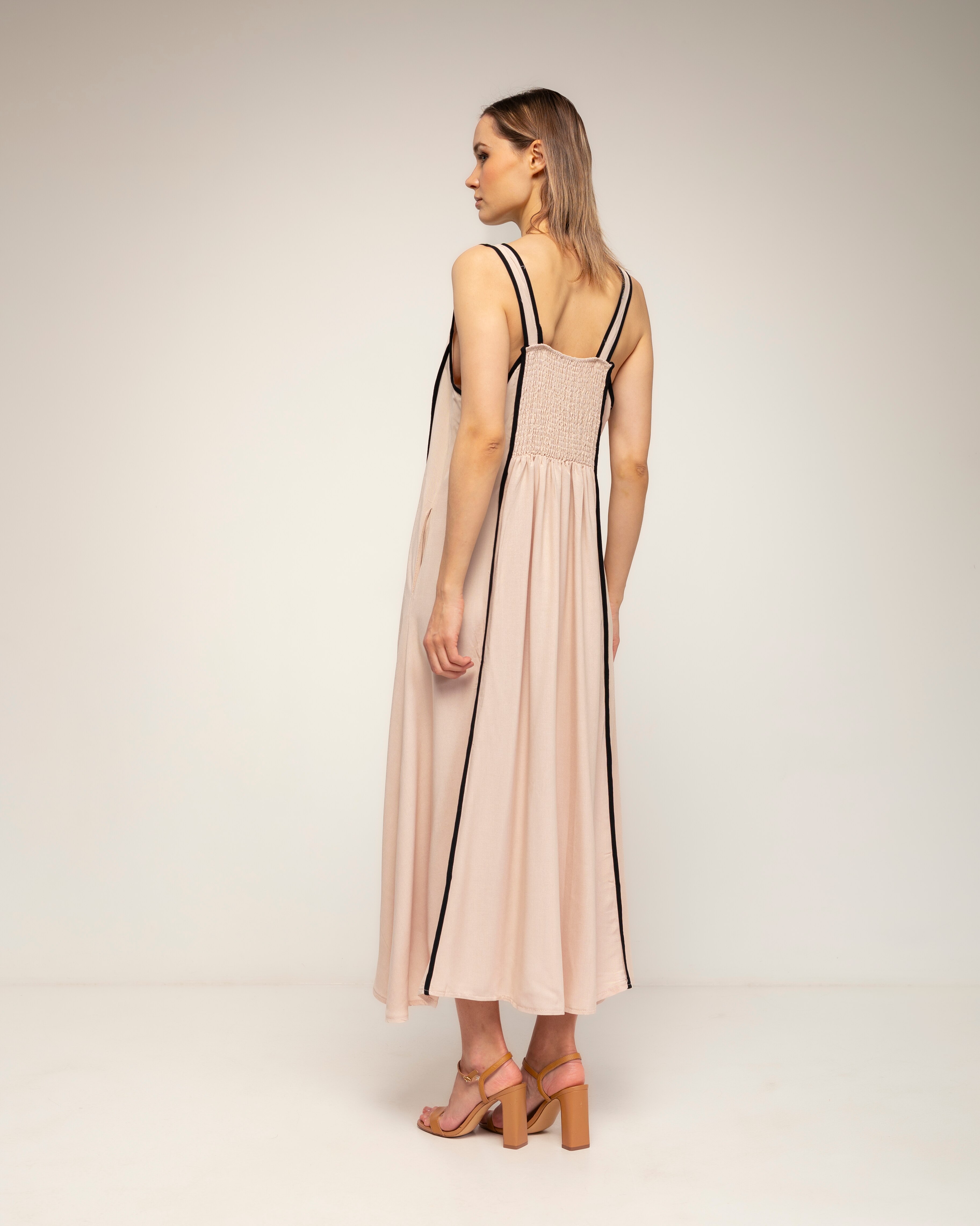 Vestido largo con lino, bicolor de tirantes - Tantra - Beige Beige-3