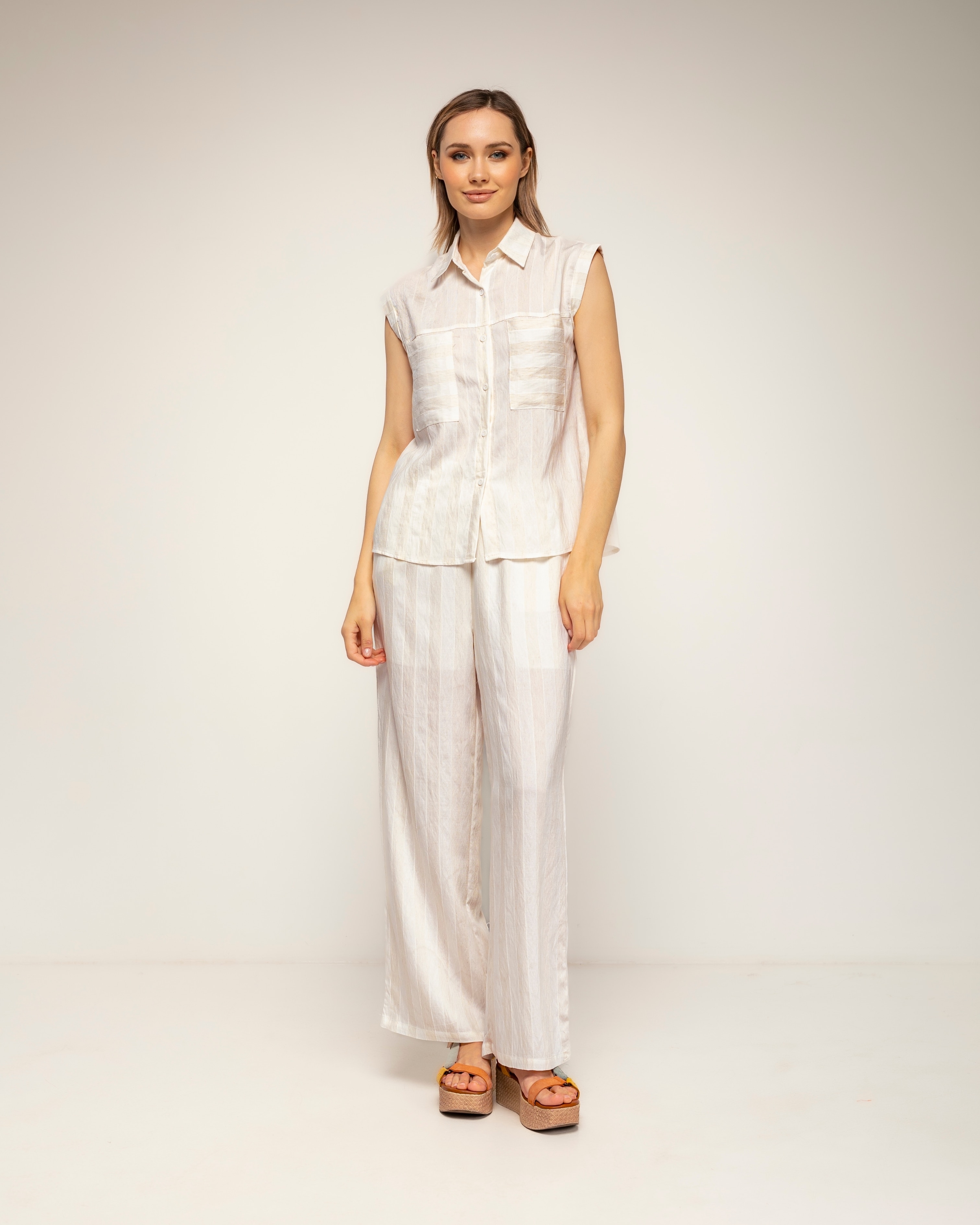 Conjunto de mujer con algodón, de camisa y pantalón con textura - Tantra - Crudo Crudo-1