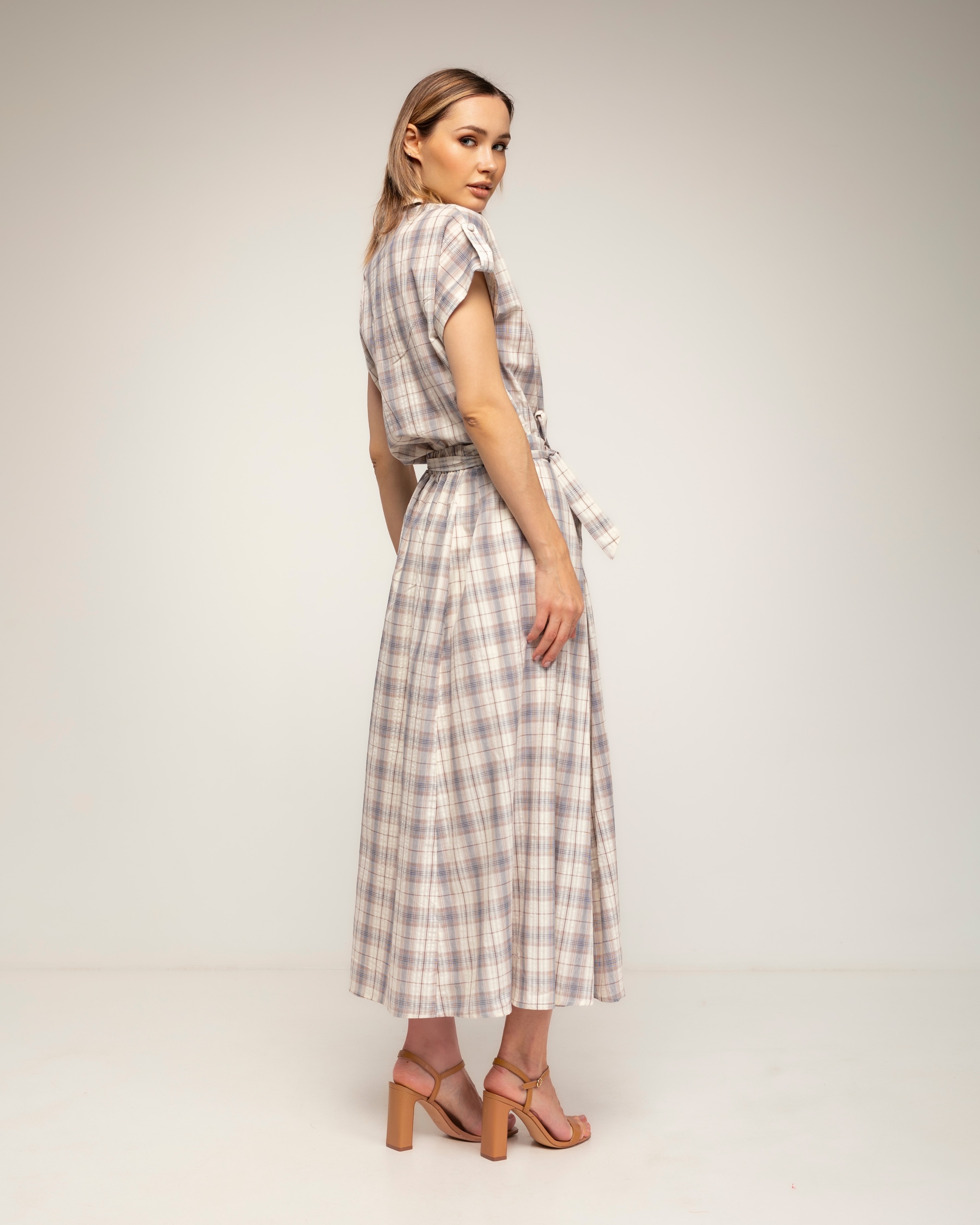 Conjunto de mujer 100% algodón, de camisa y falda de vuelo de cuadros - Tantra - Marrón Marrón-2