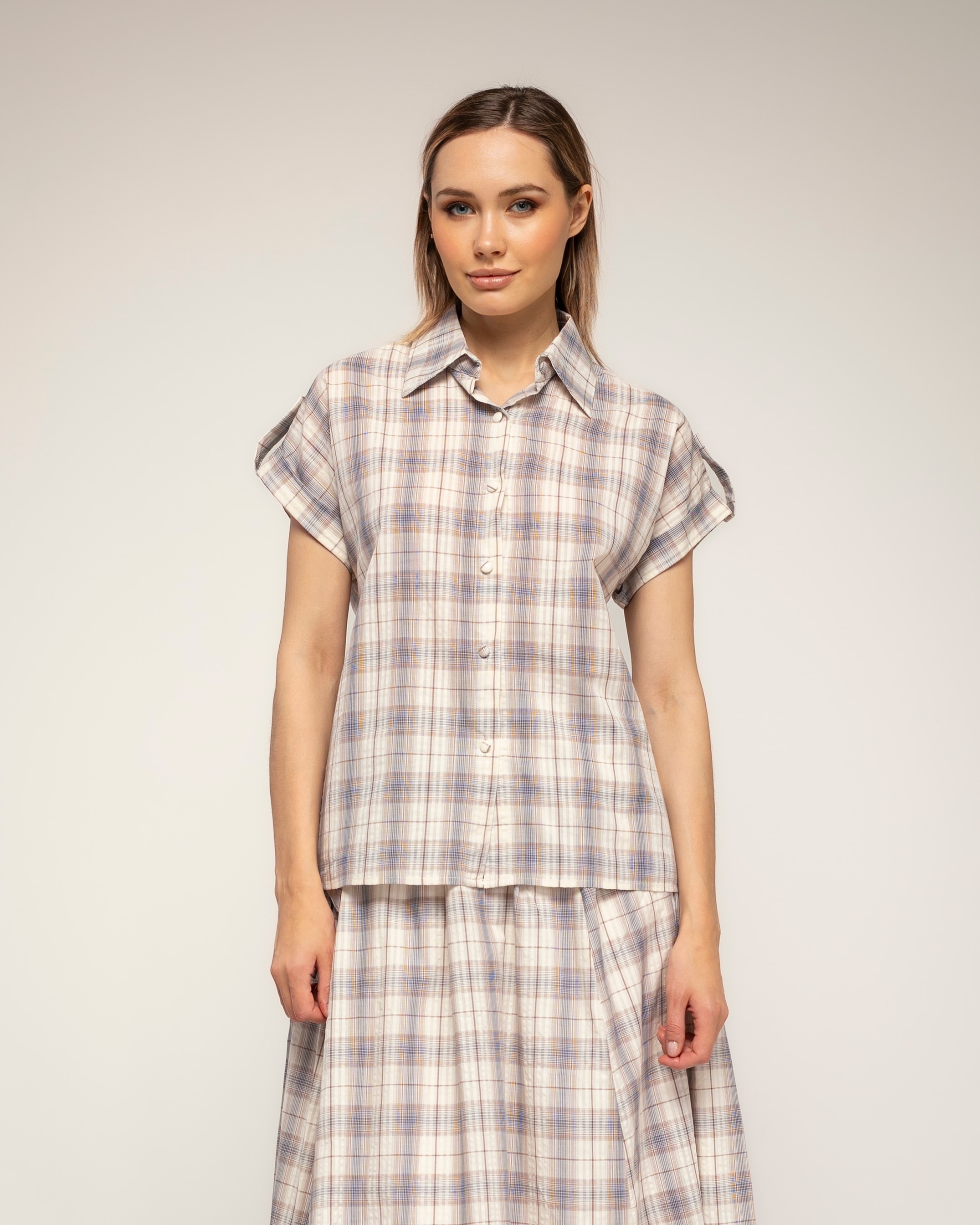 Conjunto de mujer 100% algodón, de camisa y falda de vuelo de cuadros - Tantra - Marrón Marrón-3