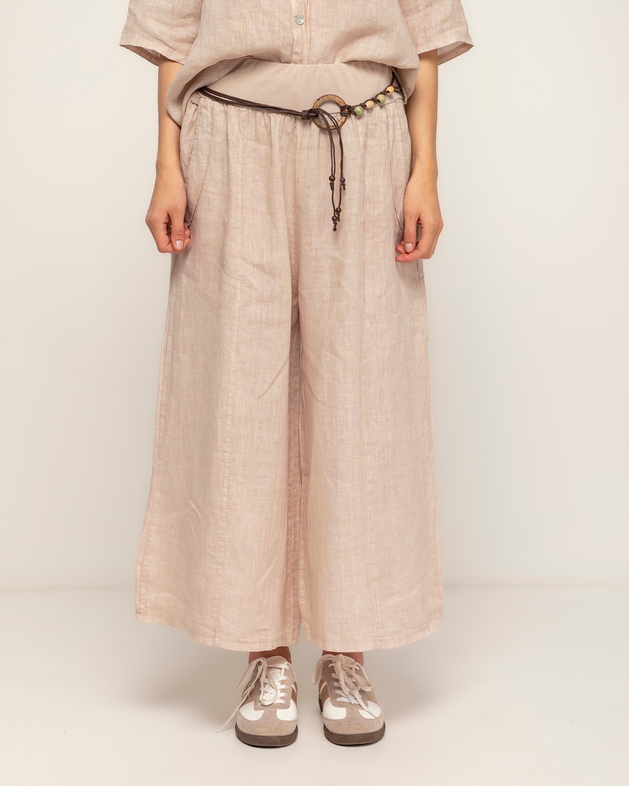 Pantalon de mujer 100% lino, ancho con cintura elástica - Tantra - Beige Beige-2