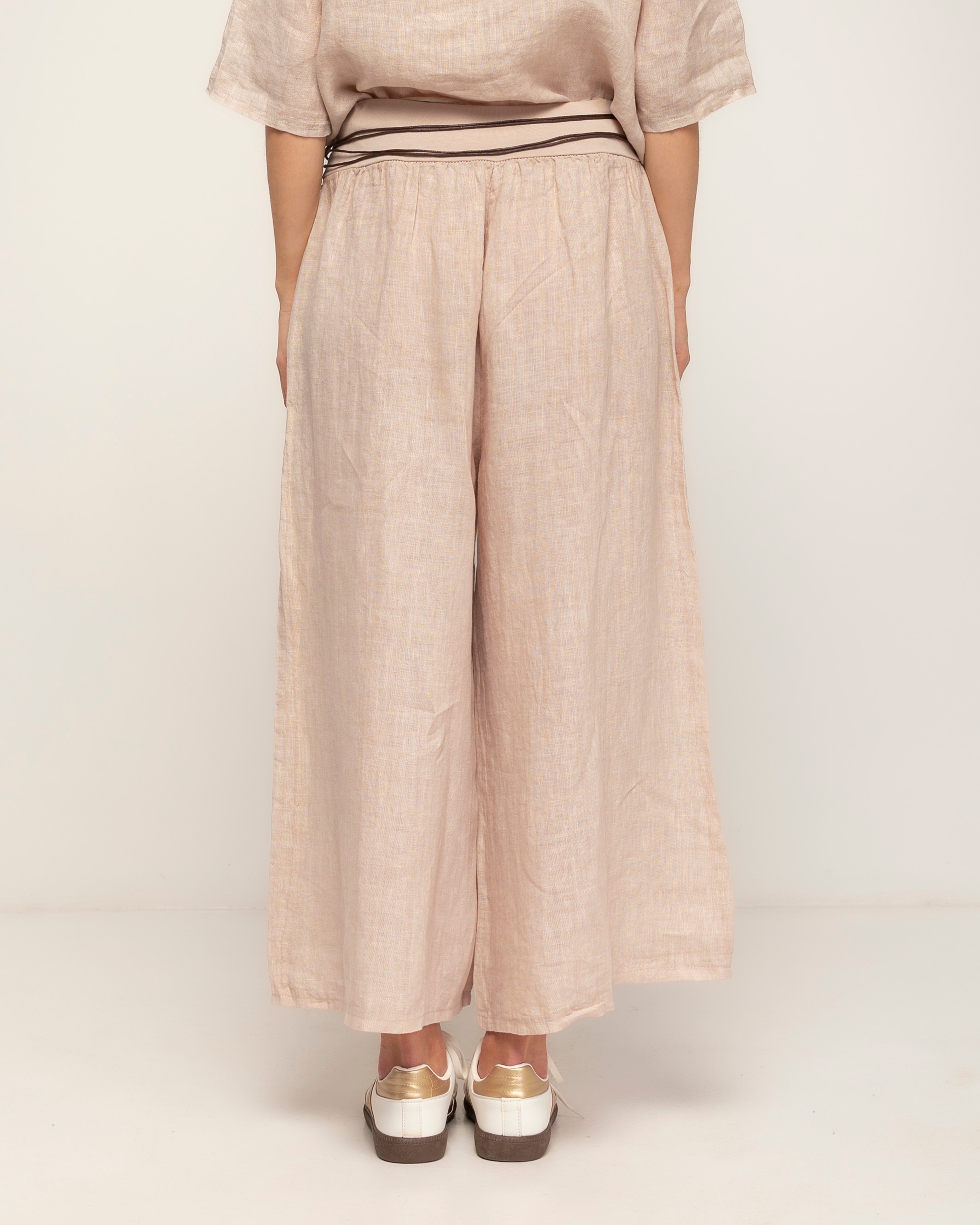 Pantalon de mujer 100% lino, ancho con cintura elástica - Tantra - Beige Beige-3