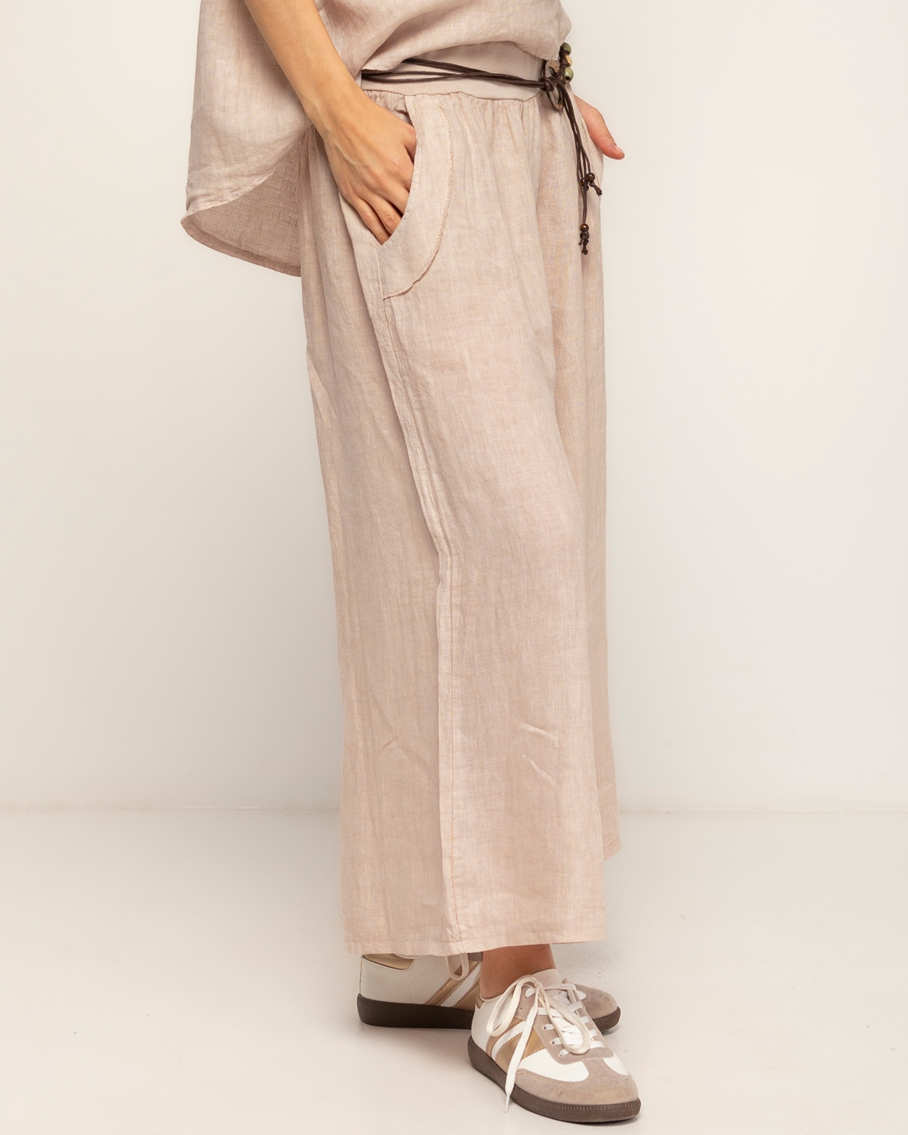Pantalon de mujer 100% lino, ancho con cintura elástica - Tantra - Beige Beige-4