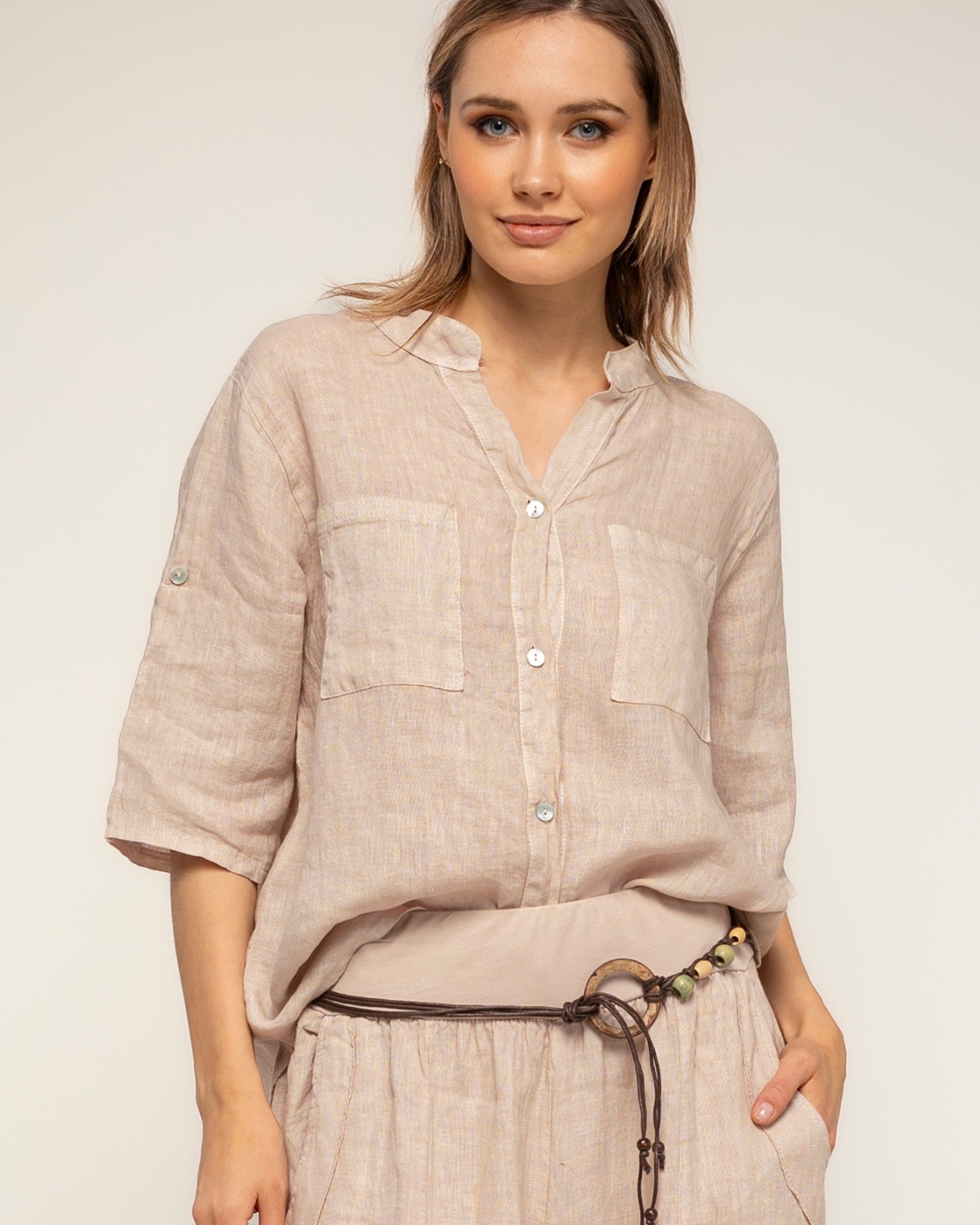 Camisa de mujer 100% lino de manga larga con bolsillo - Tantra - Beige Beige-3