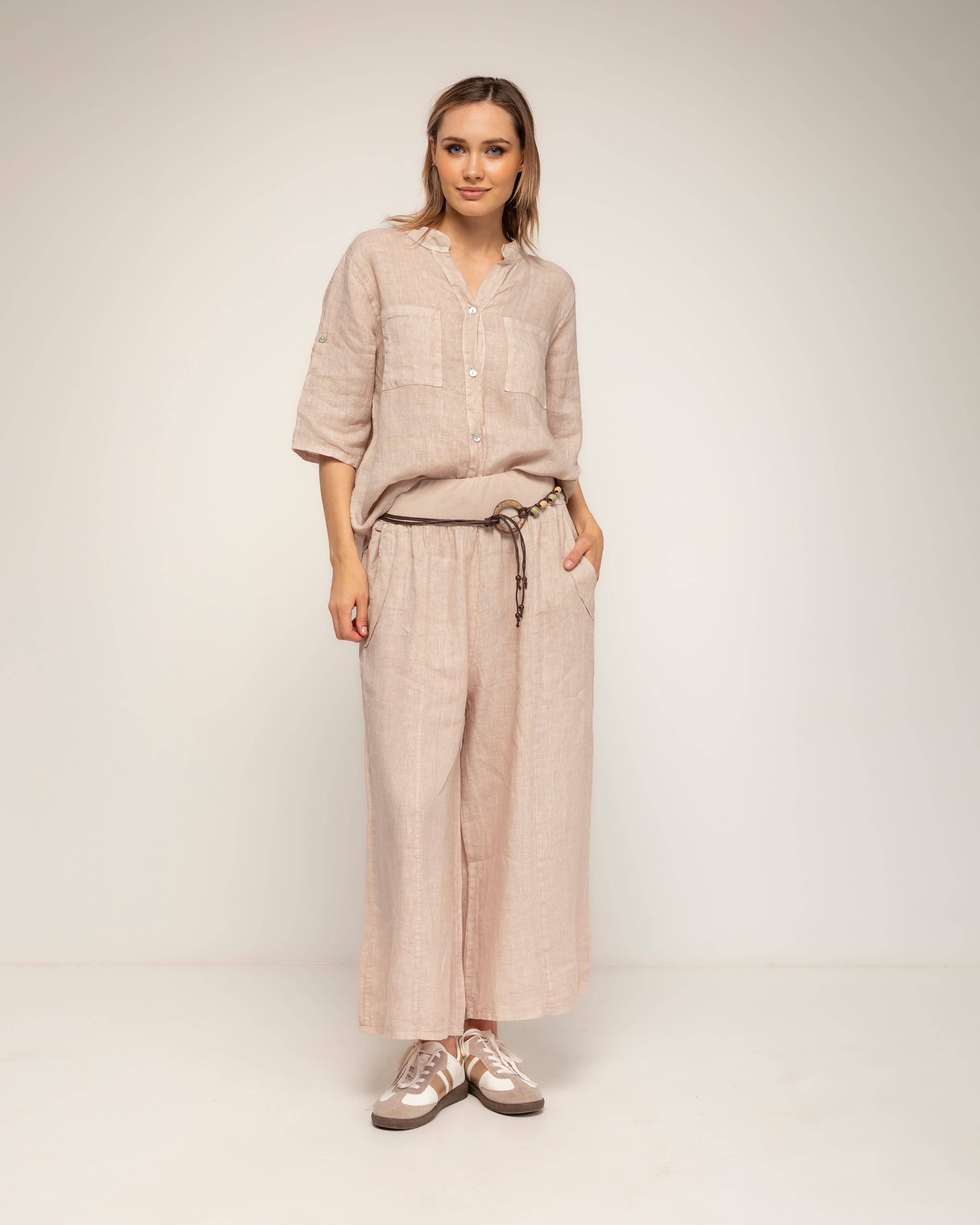 Camisa de mujer 100% lino de manga larga con bolsillo - Tantra - Beige Beige-4