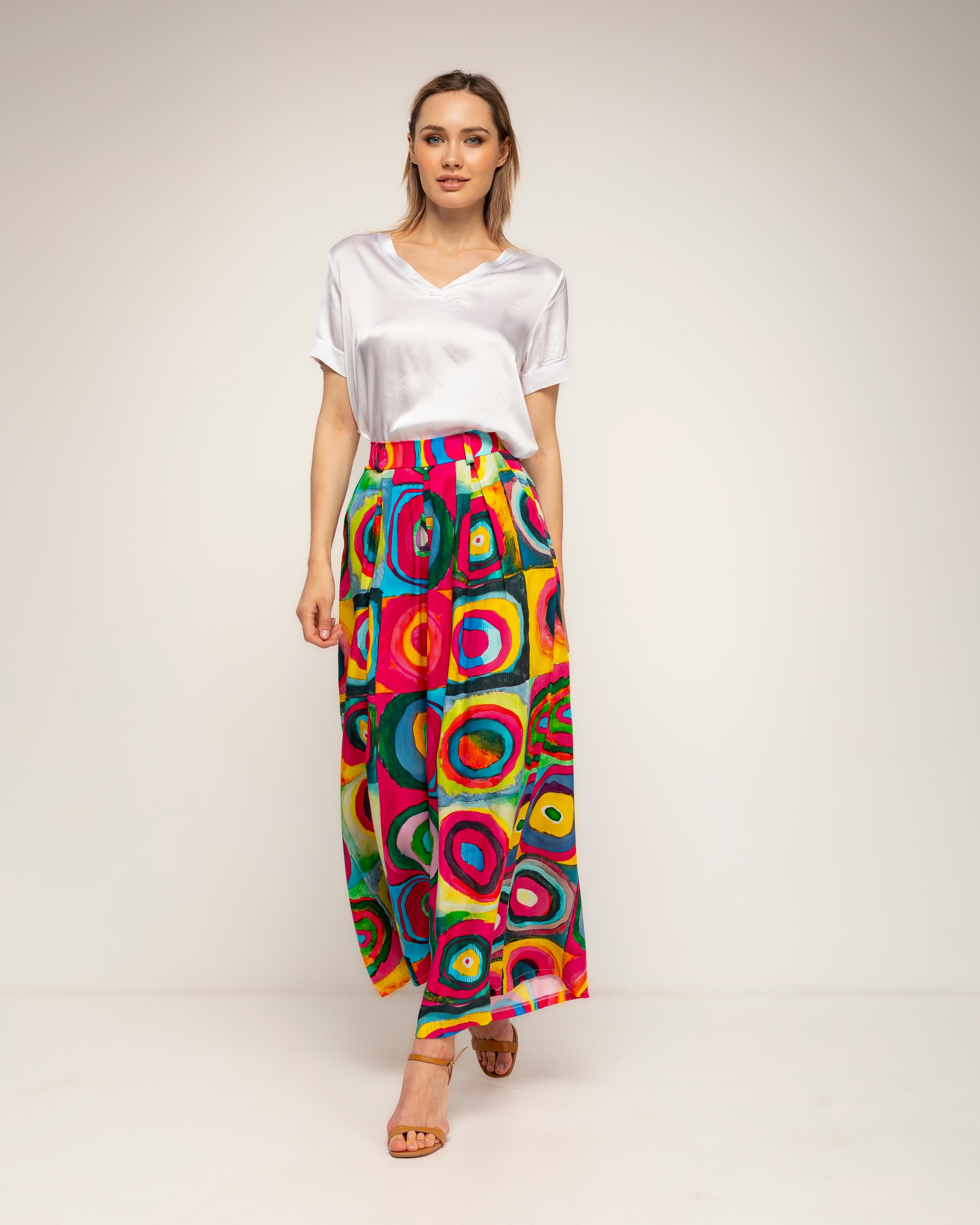 Pantalón de mujer 100% tencel, ancho de pinzas estampado multicolor - Tantra - Fucsia Fucsia-1