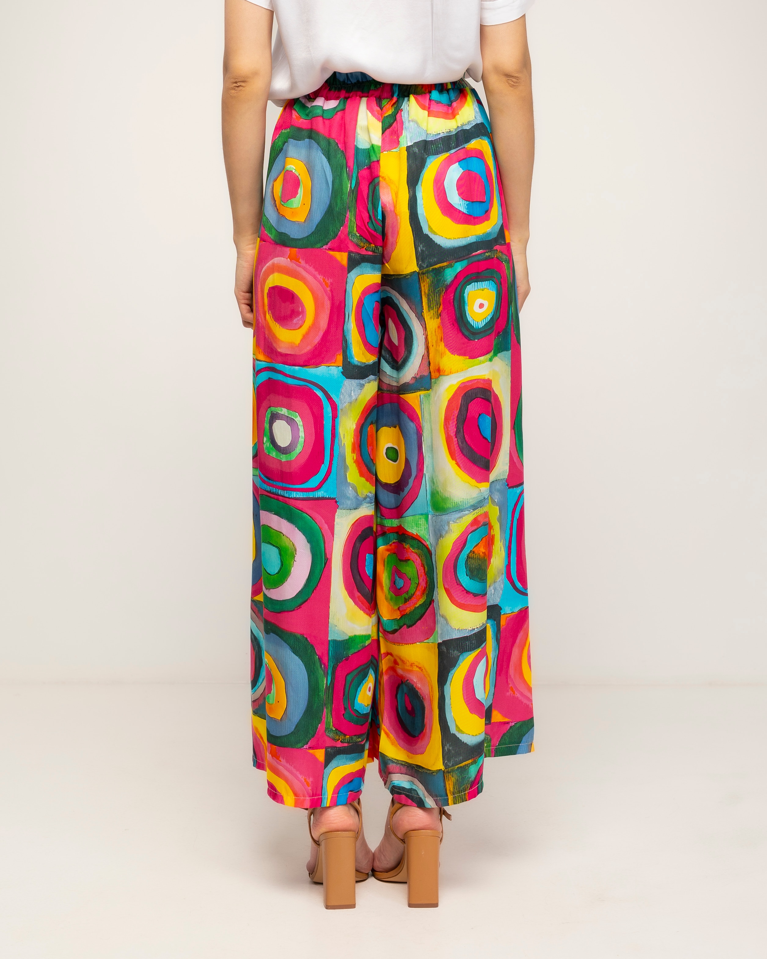 Pantalón de mujer 100% tencel, ancho de pinzas estampado multicolor - Tantra - Fucsia Fucsia-3
