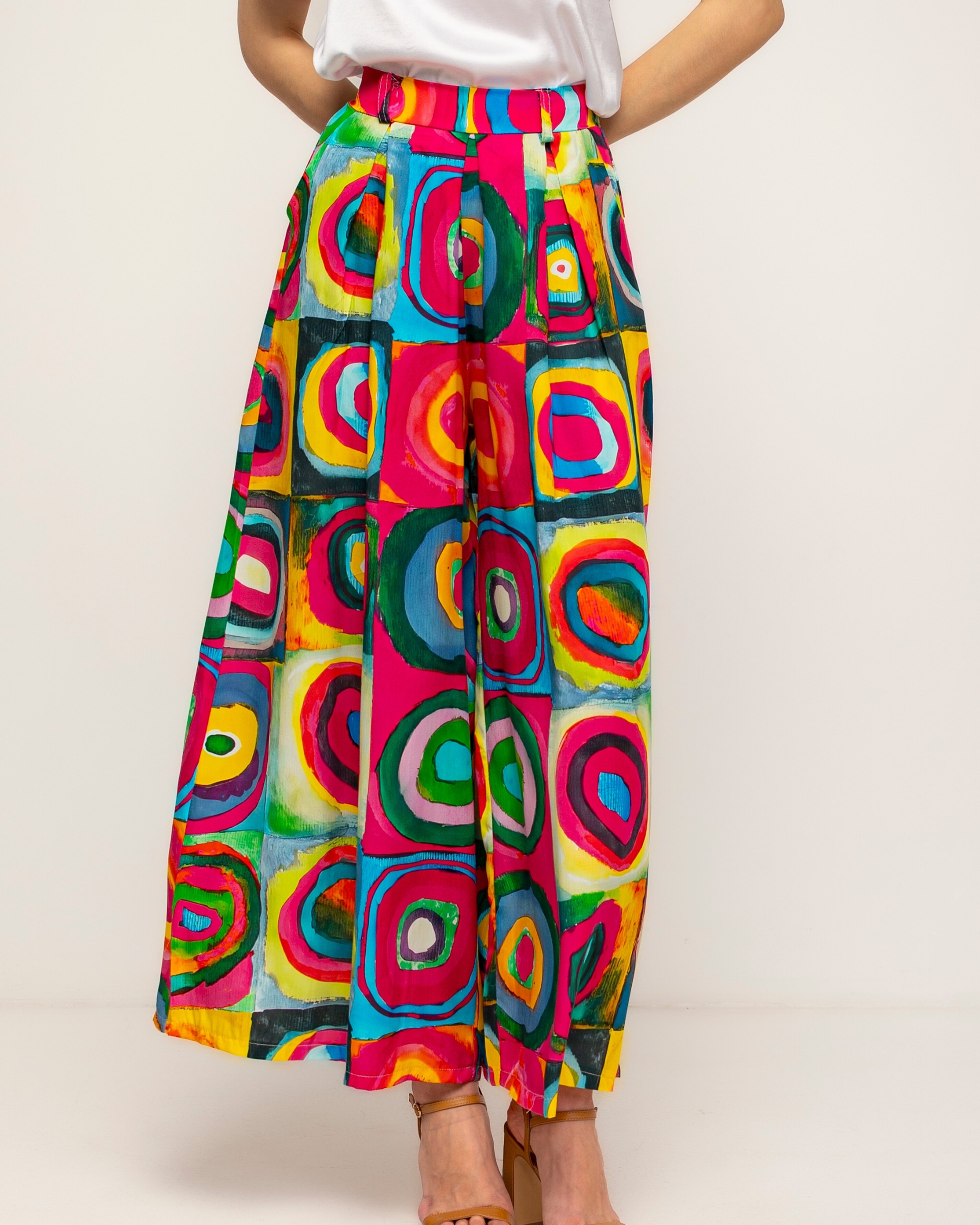 Pantalón de mujer 100% tencel, ancho de pinzas estampado multicolor - Tantra - Fucsia Fucsia-4