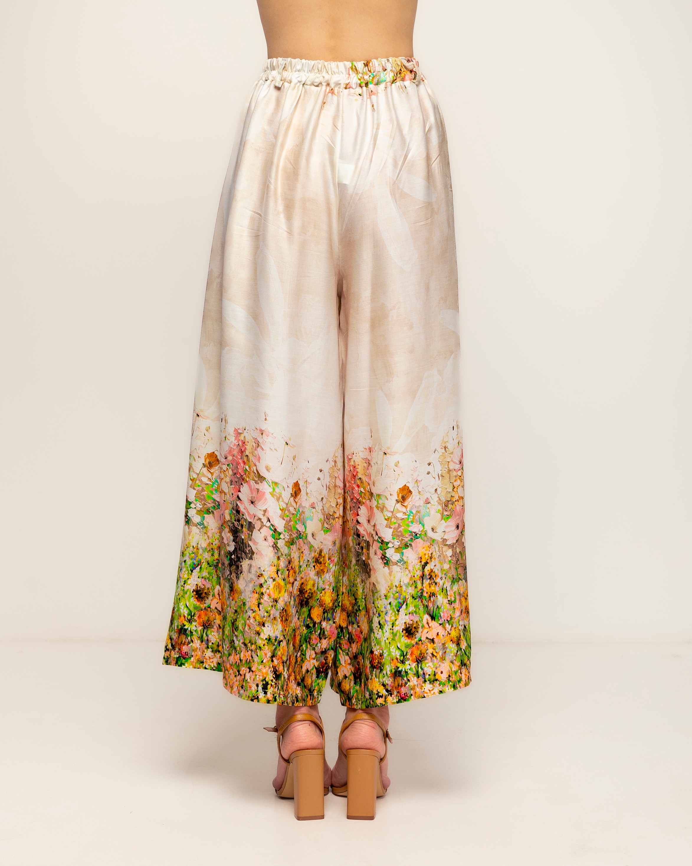 Pantalón de mujer 100% tencel, ancho, con pinzas y estampado flores - Tantra - Beige Beige-3